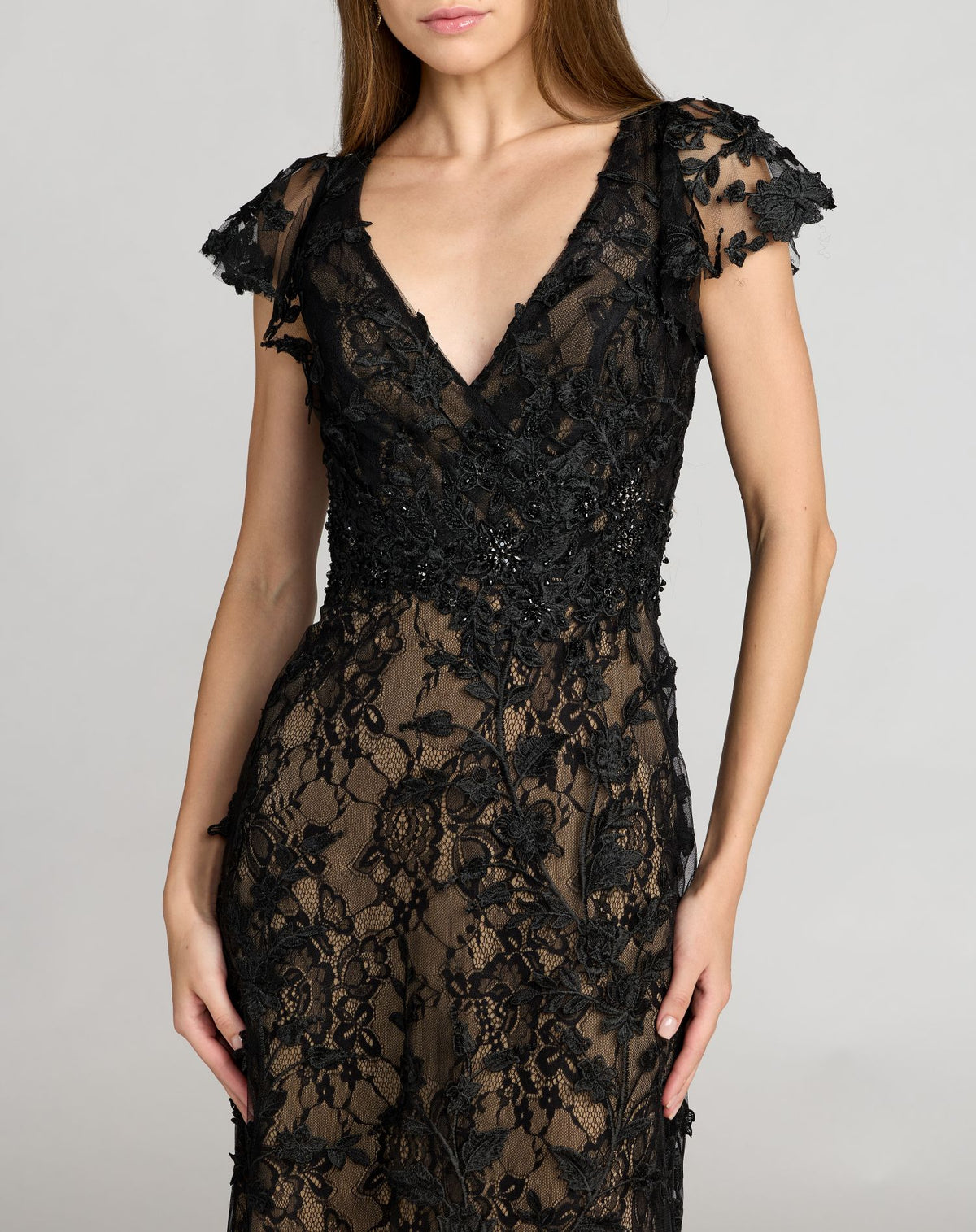 Petite Black Floral Embroidered Lace Flutter Sleeve Gown - Mac Duggal