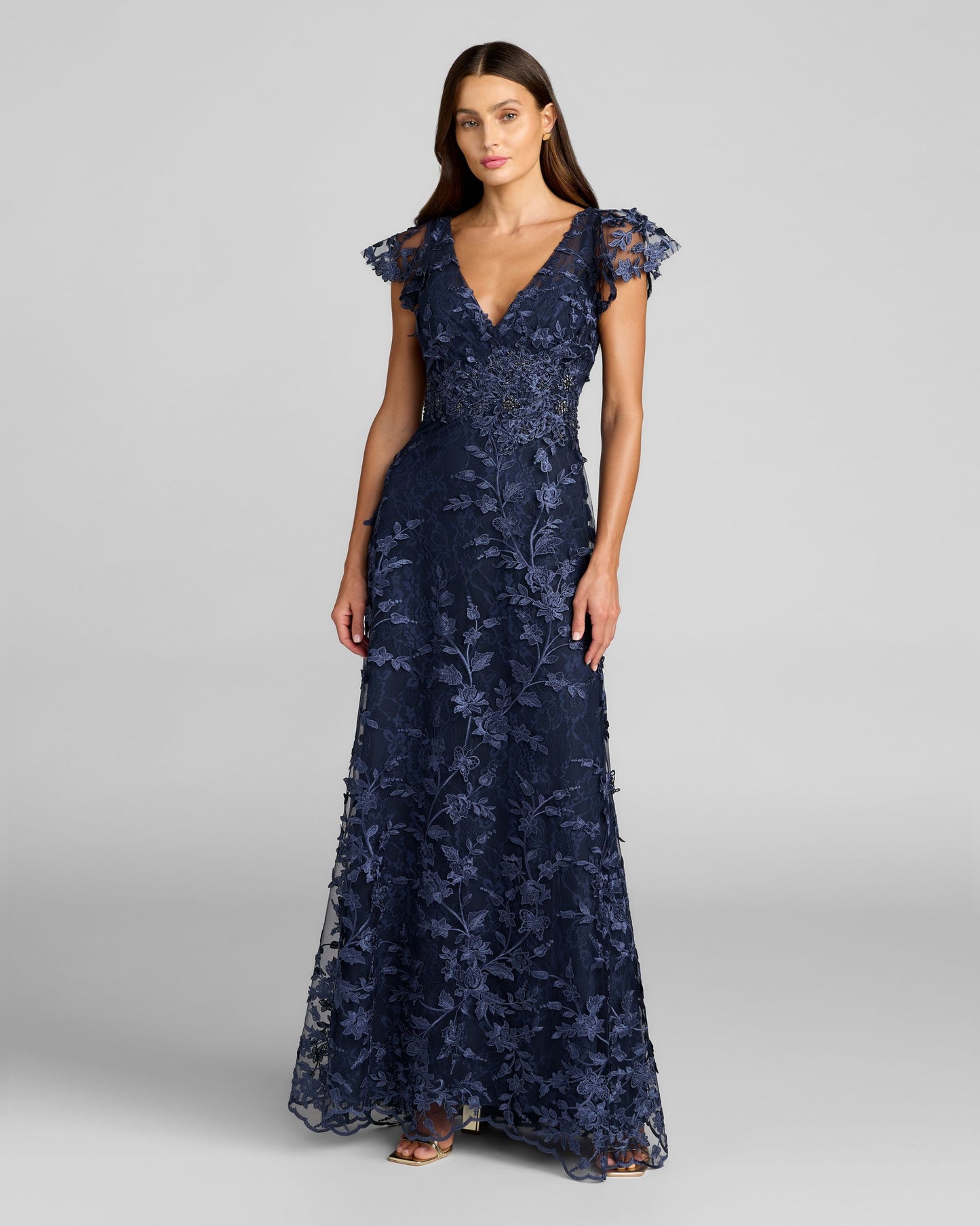 Navy Floral Embroidered Lace Flutter Sleeve Gown Mac Duggal