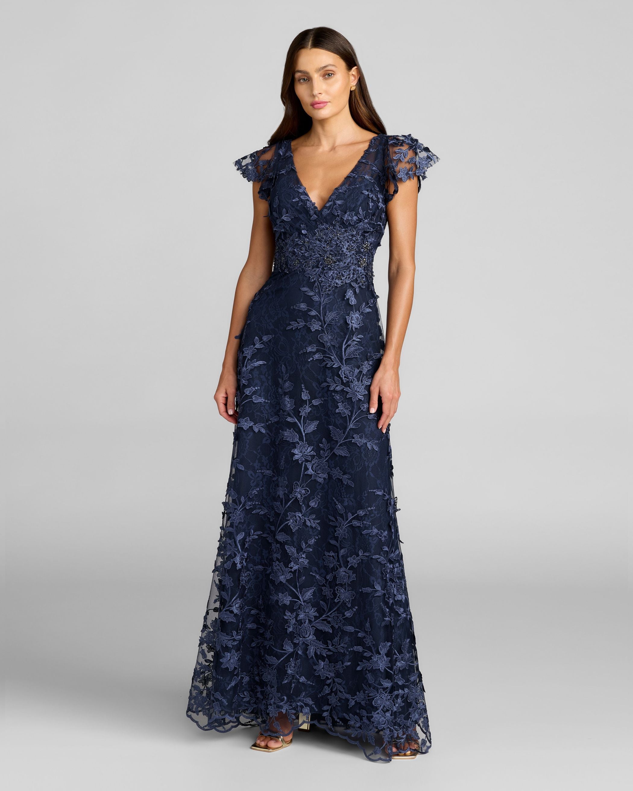 Navy Floral Embroidered Lace Flutter Sleeve Gown Mac Duggal