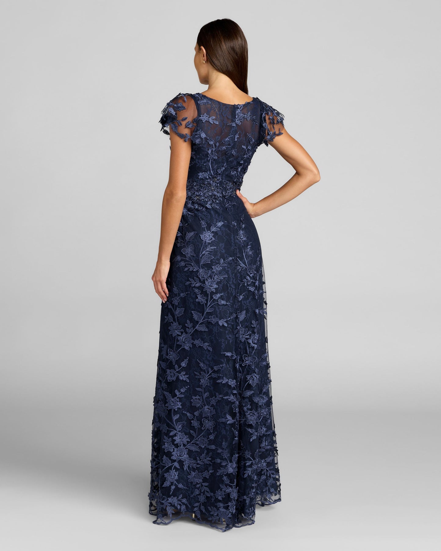 Navy Floral Embroidered Lace Flutter Sleeve Gown Mac Duggal