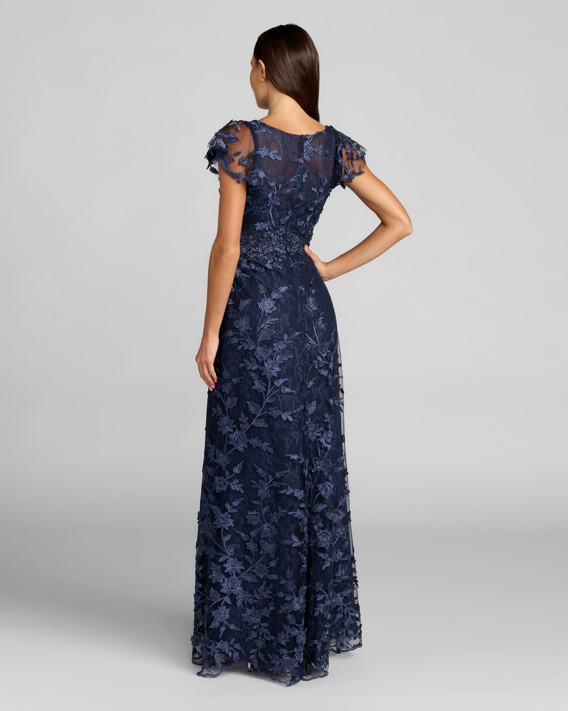Navy Floral Embroidered Lace Flutter Sleeve Gown Mac Duggal