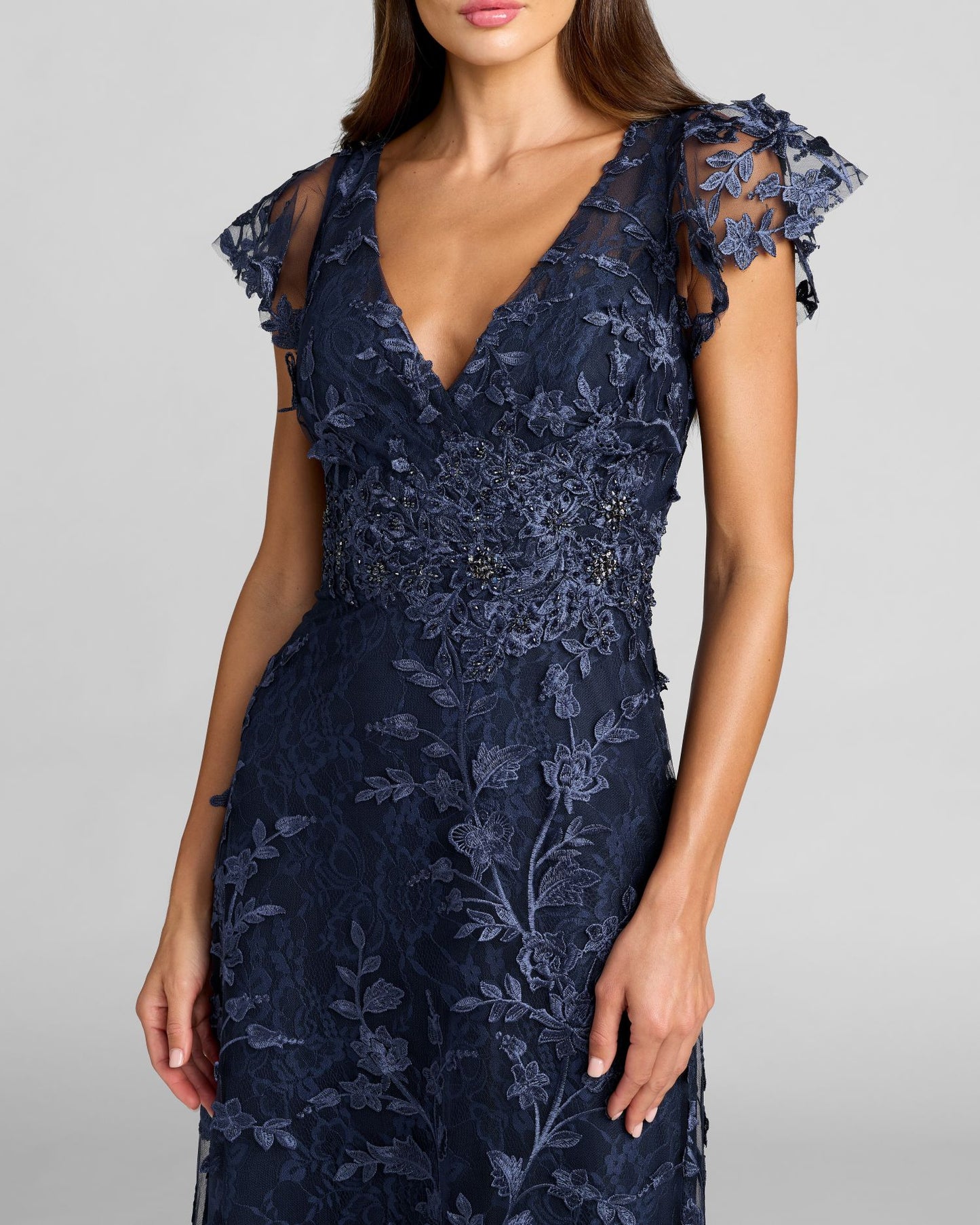 Navy Floral Embroidered Lace Flutter Sleeve Gown Mac Duggal