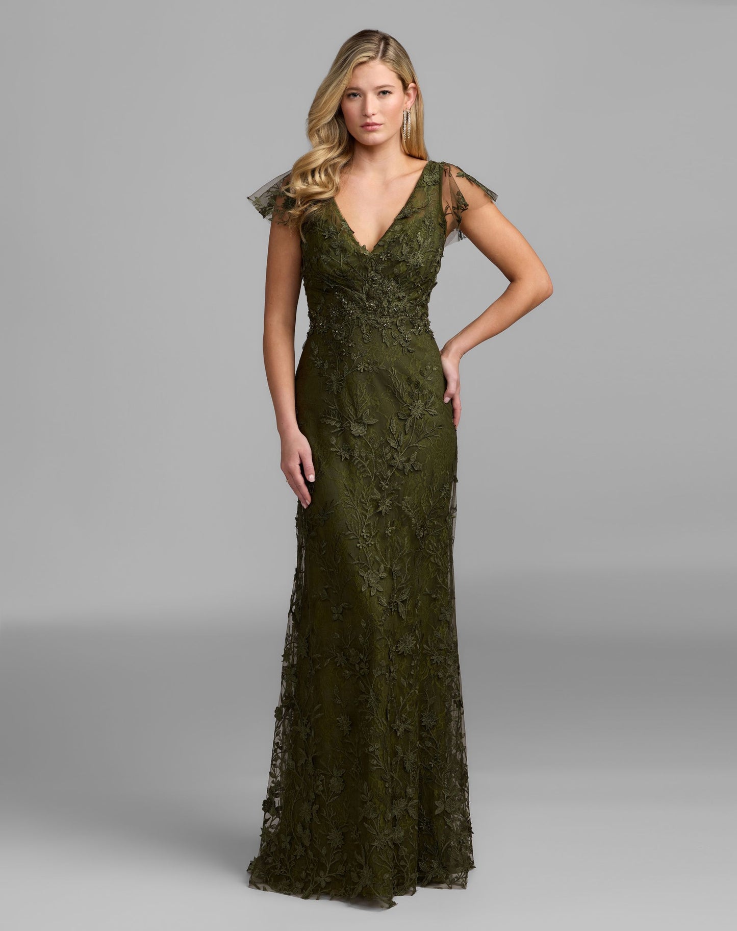 Petite Green Floral Embroidered Lace Flutter Sleeve Gown - Mac Duggal