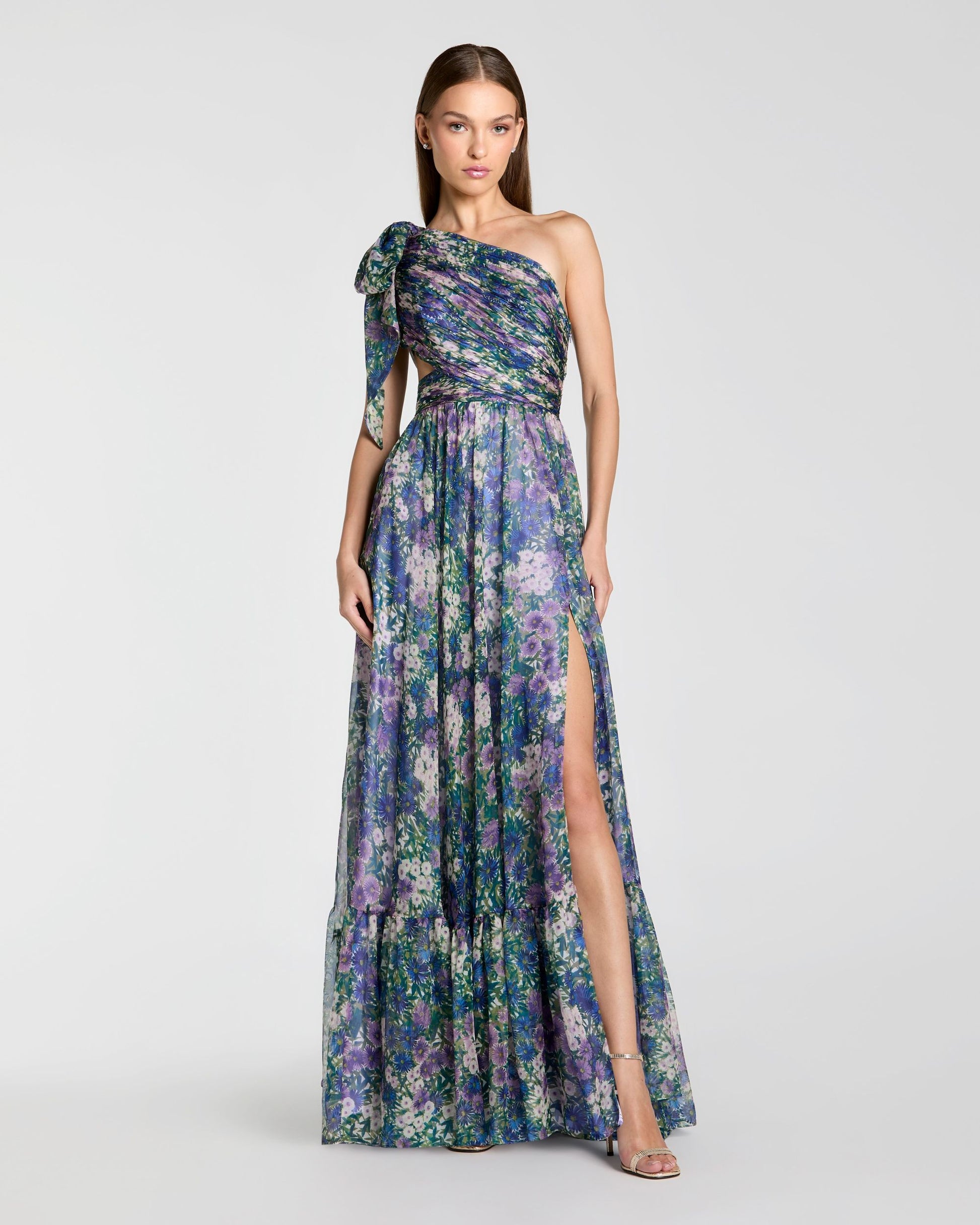 Petite Purple One Shoulder Floral Printed Chiffon Side Cut Out Gown