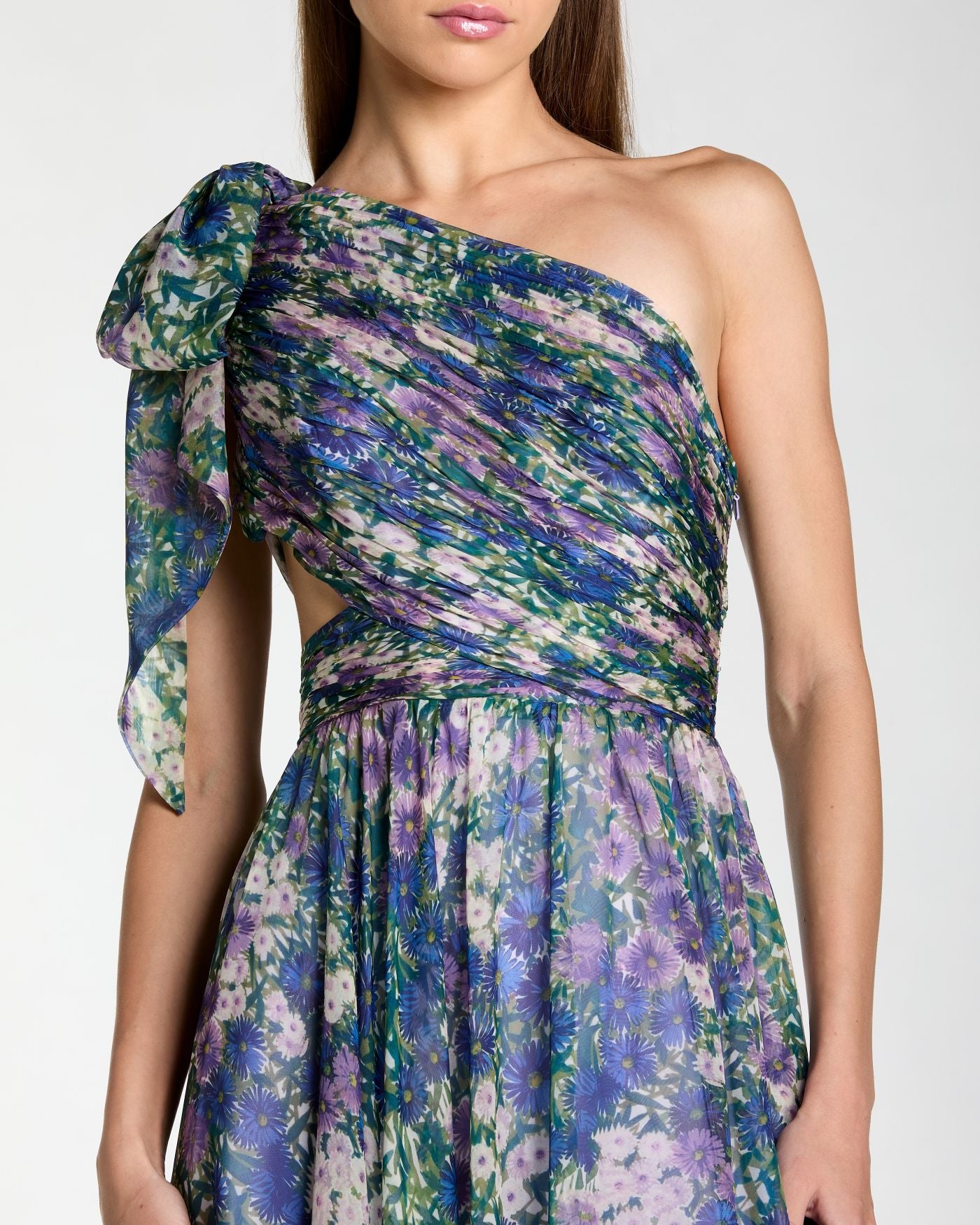 Petite Purple One Shoulder Floral Printed Chiffon Side Cut Out Gown Ieena for Mac Duggal