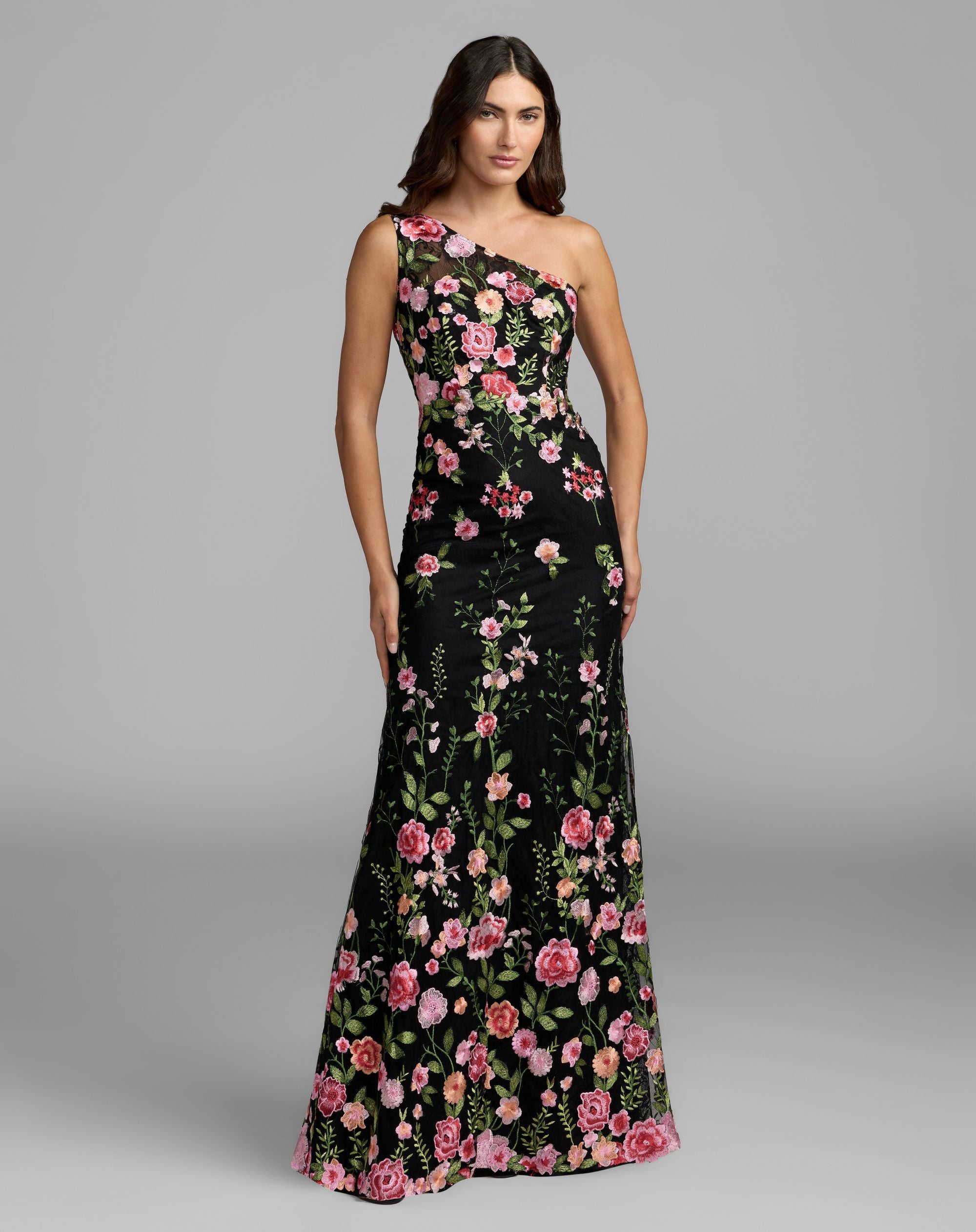 Petite Black One Shoulder Floral Embroidered Gown - Mac Duggal