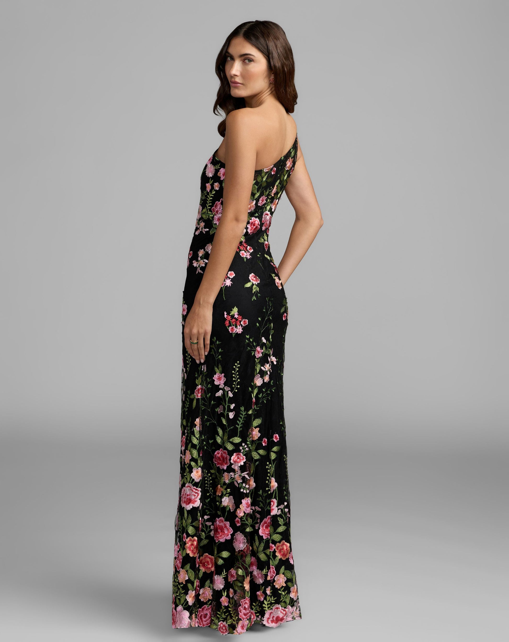 Petite Black One Shoulder Floral Embroidered Gown - Mac Duggal