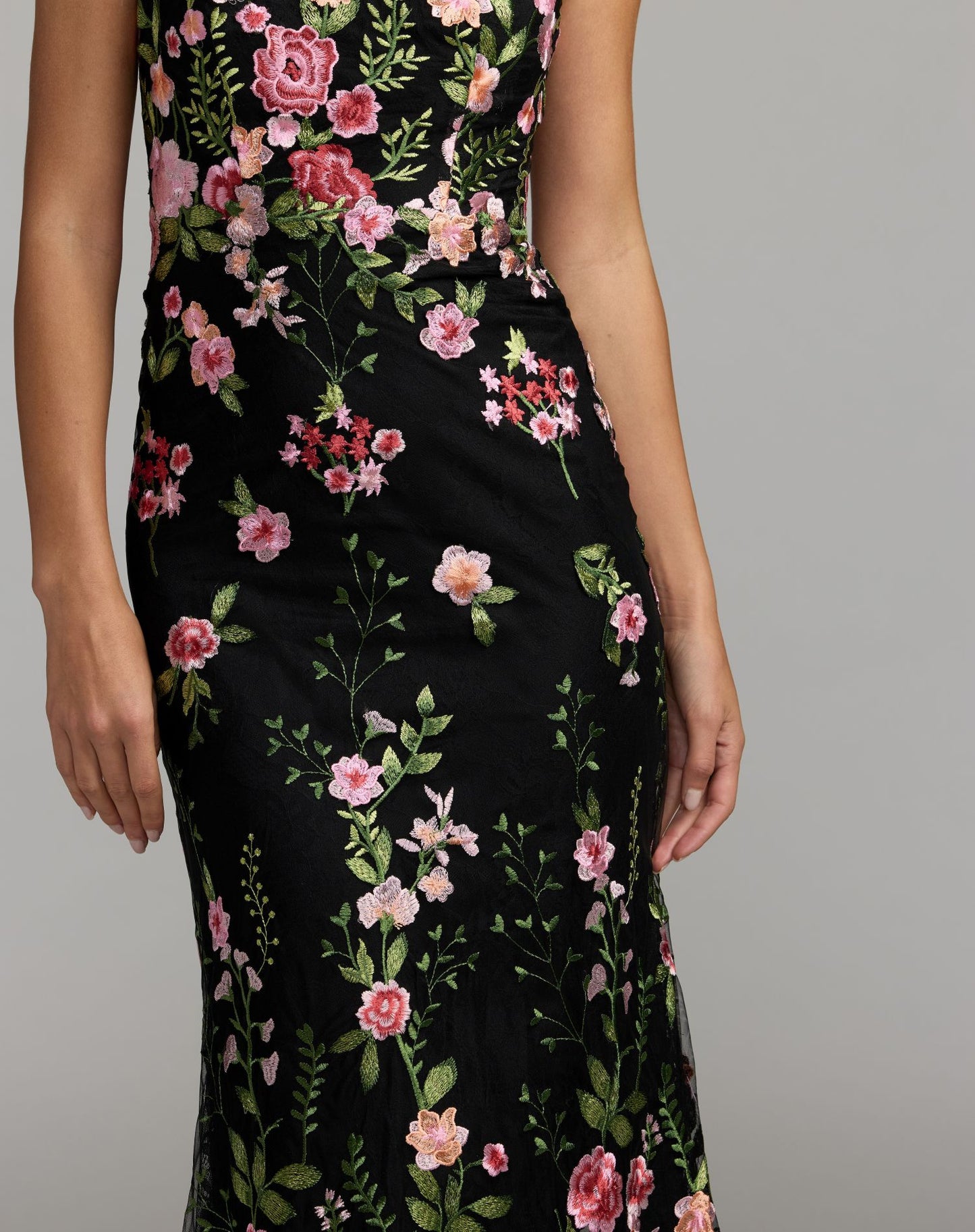 Petite Black One Shoulder Floral Embroidered Gown - Mac Duggal