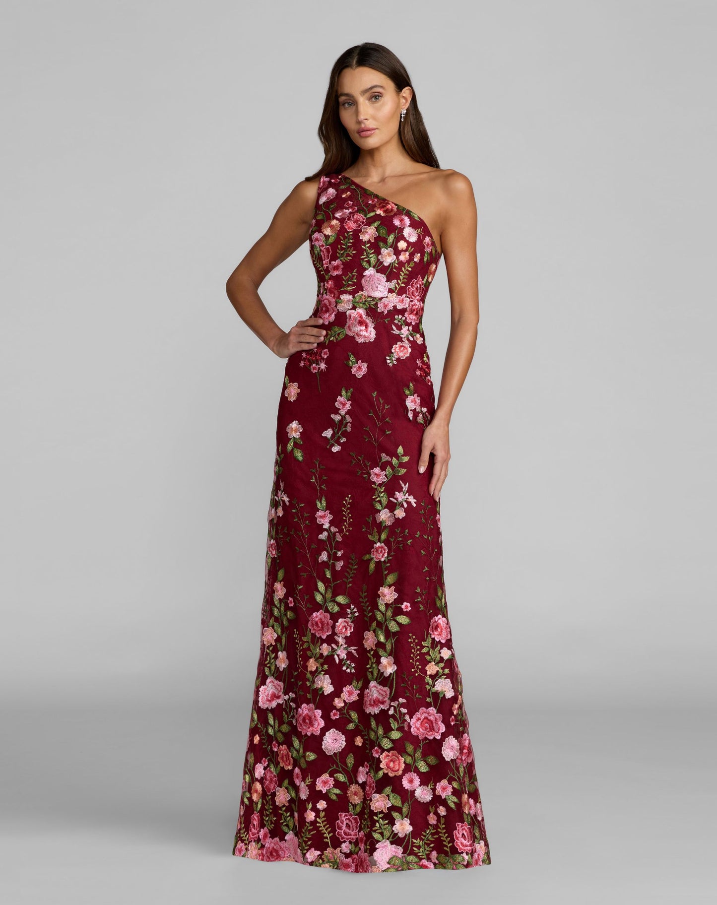 Mac Duggal - Petite Red One Shoulder Floral Embroidered Gown