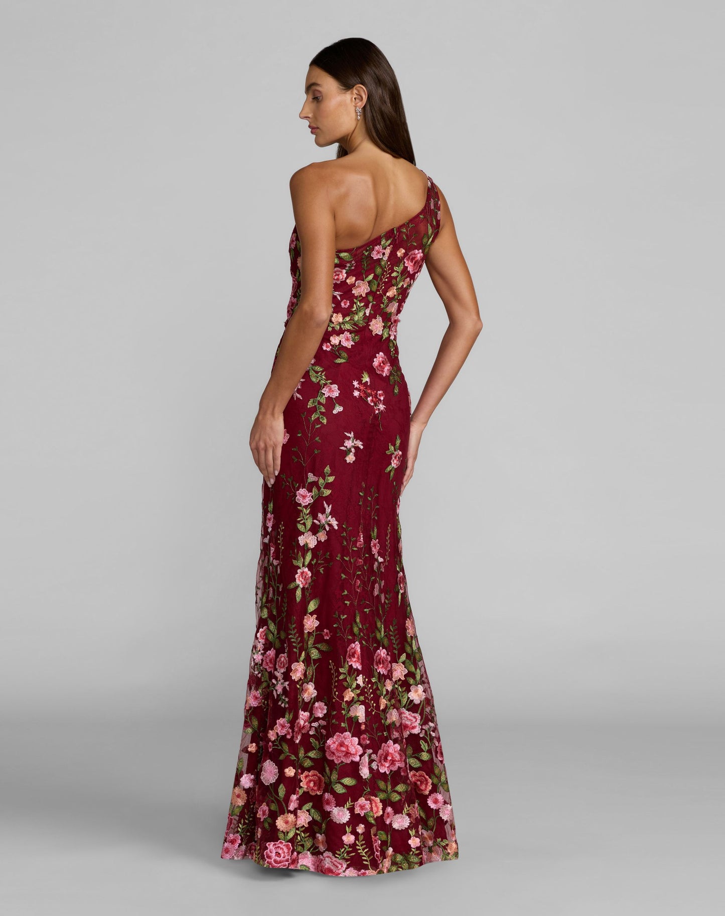 Petite Red One Shoulder Floral Embroidered Gown - Mac Duggal