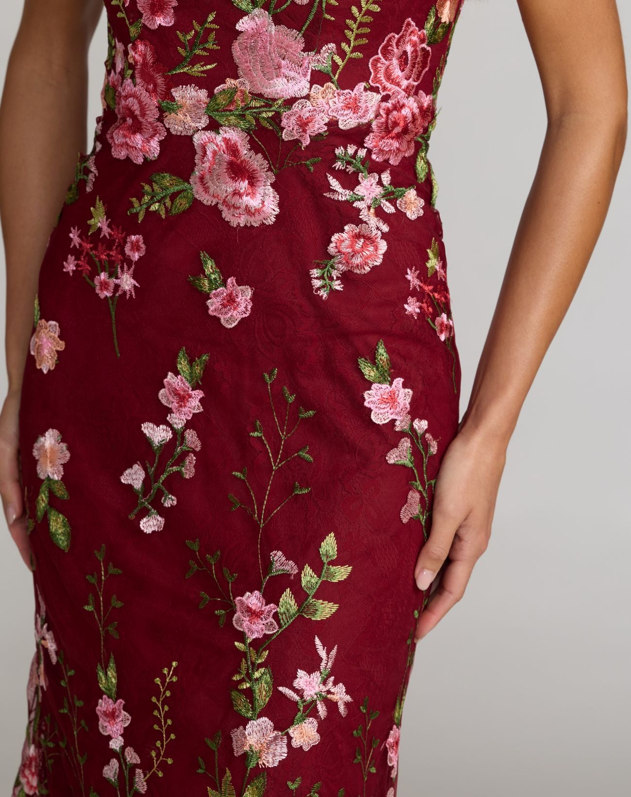 Petite Red One Shoulder Floral Embroidered Gown
