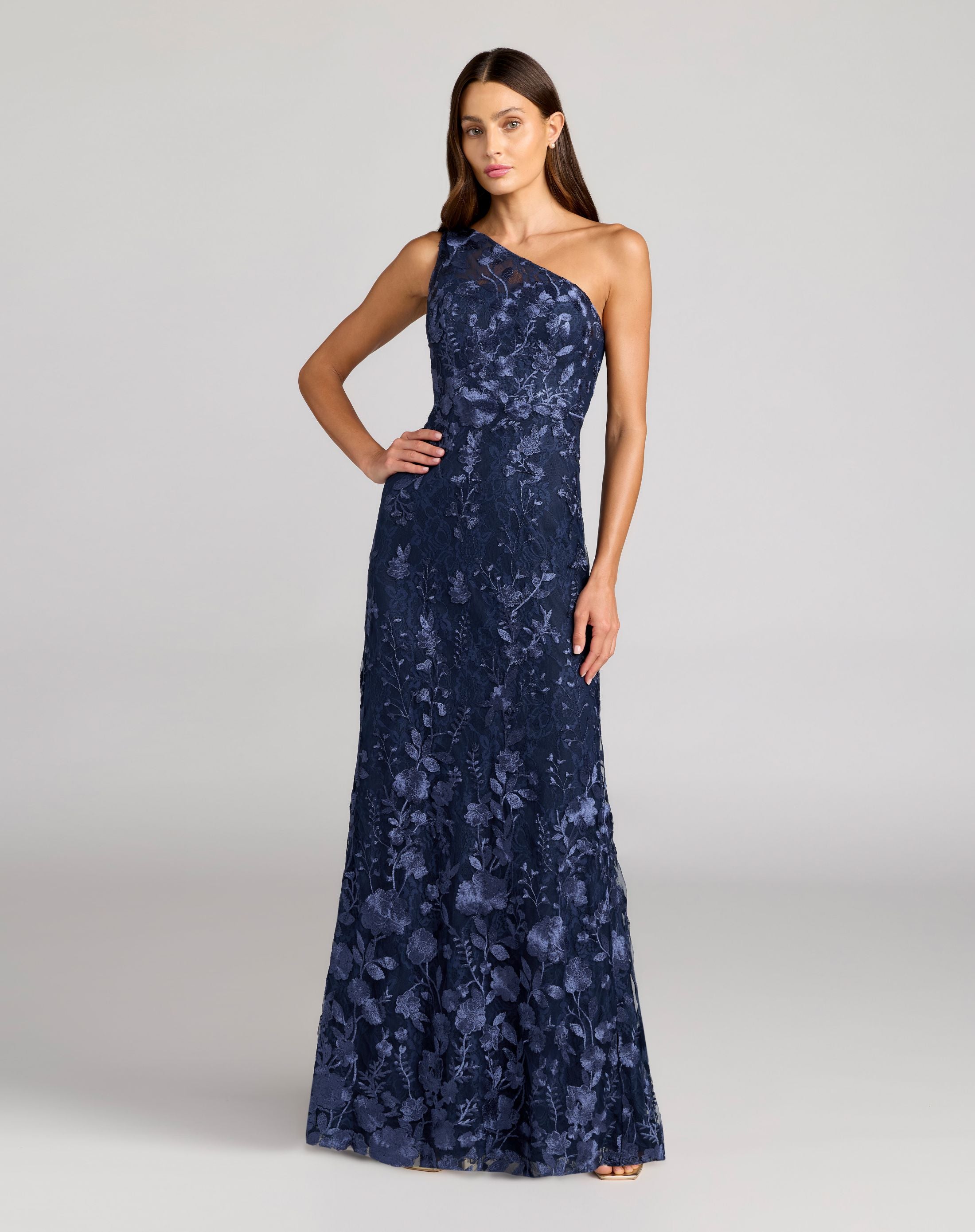 Petite Navy One Shoulder Floral Embroidered Gown - Mac Duggal