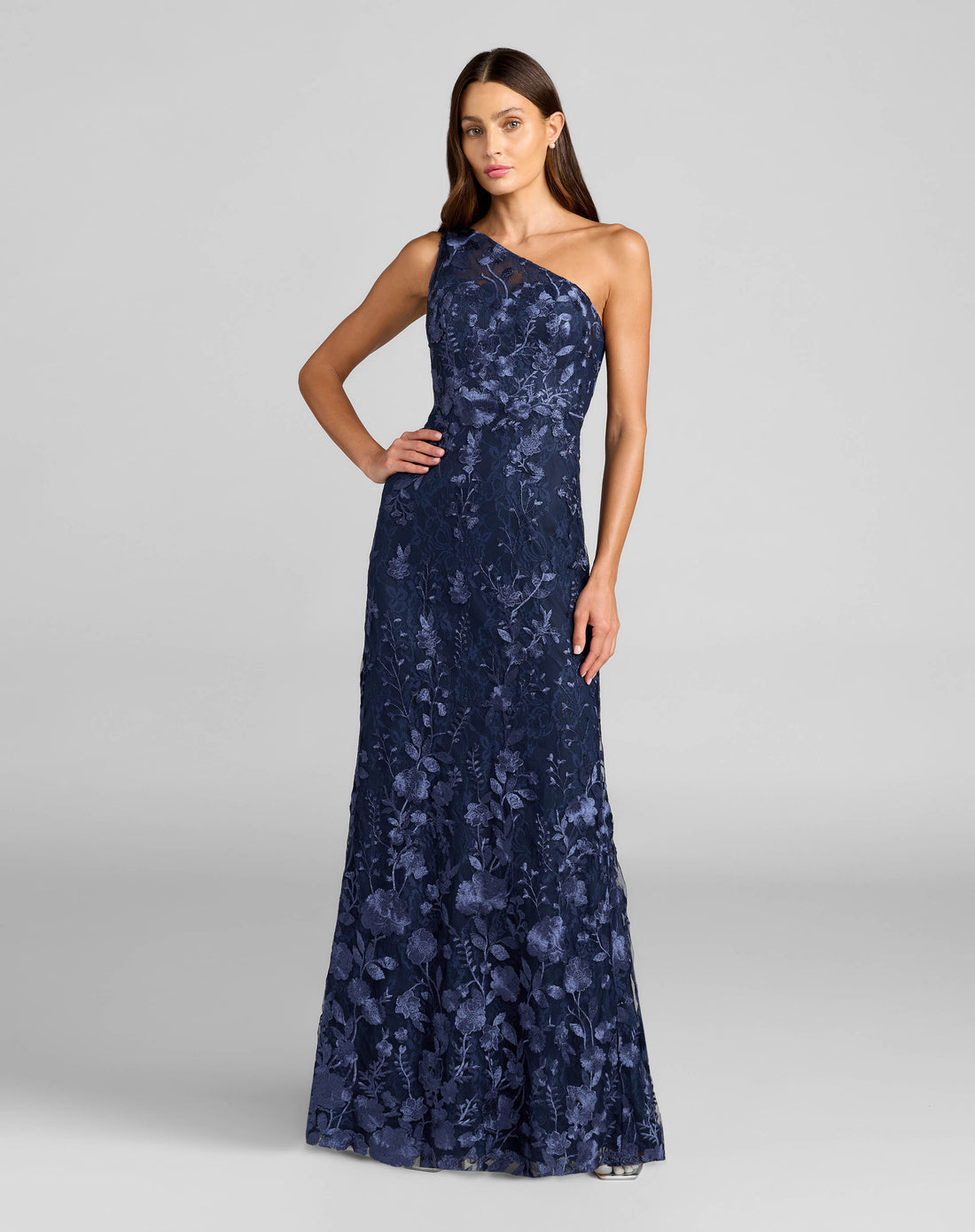 Petite Navy One Shoulder Floral Embroidered Gown - Mac Duggal