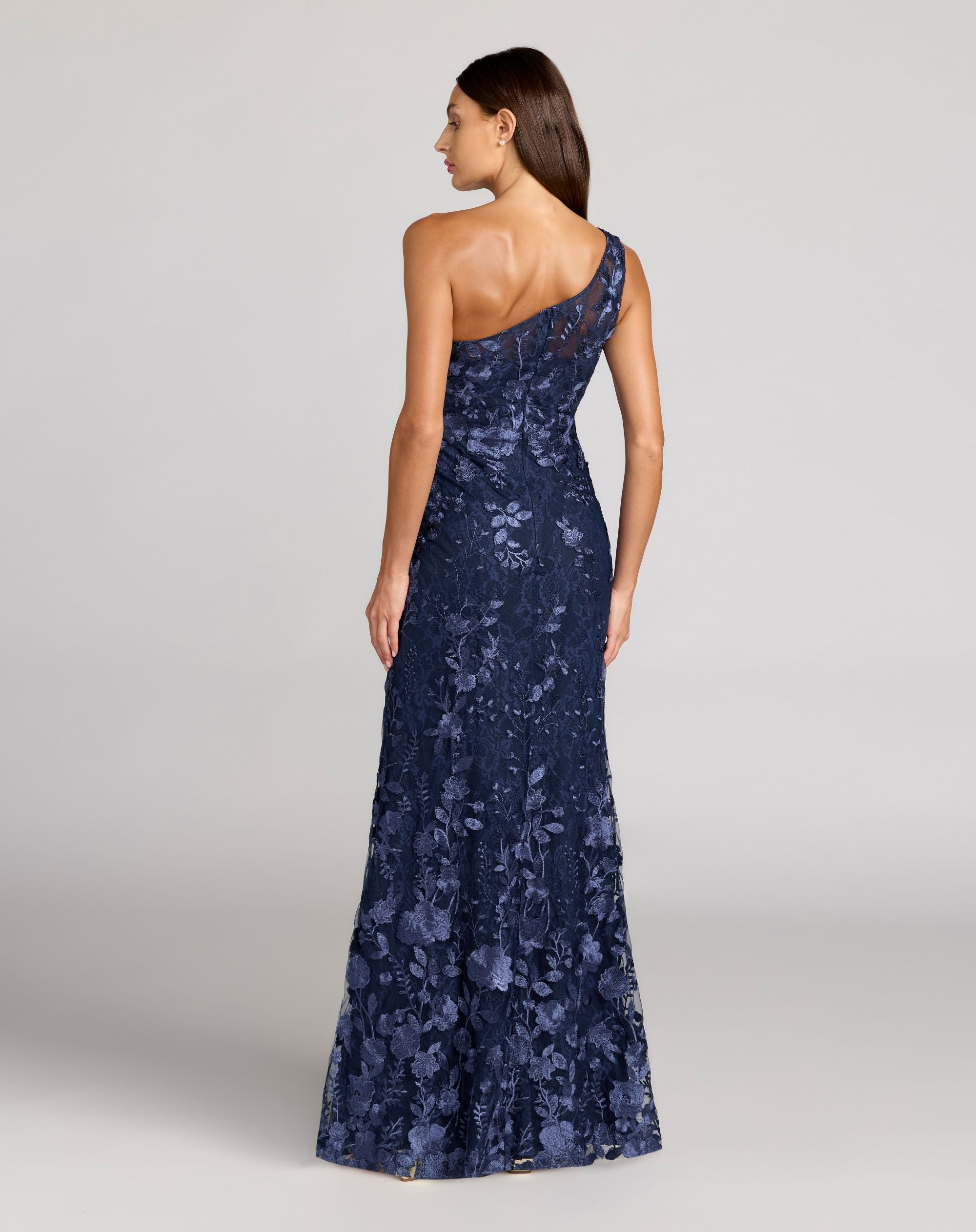 Petite Navy One Shoulder Floral Embroidered Gown - Mac Duggal