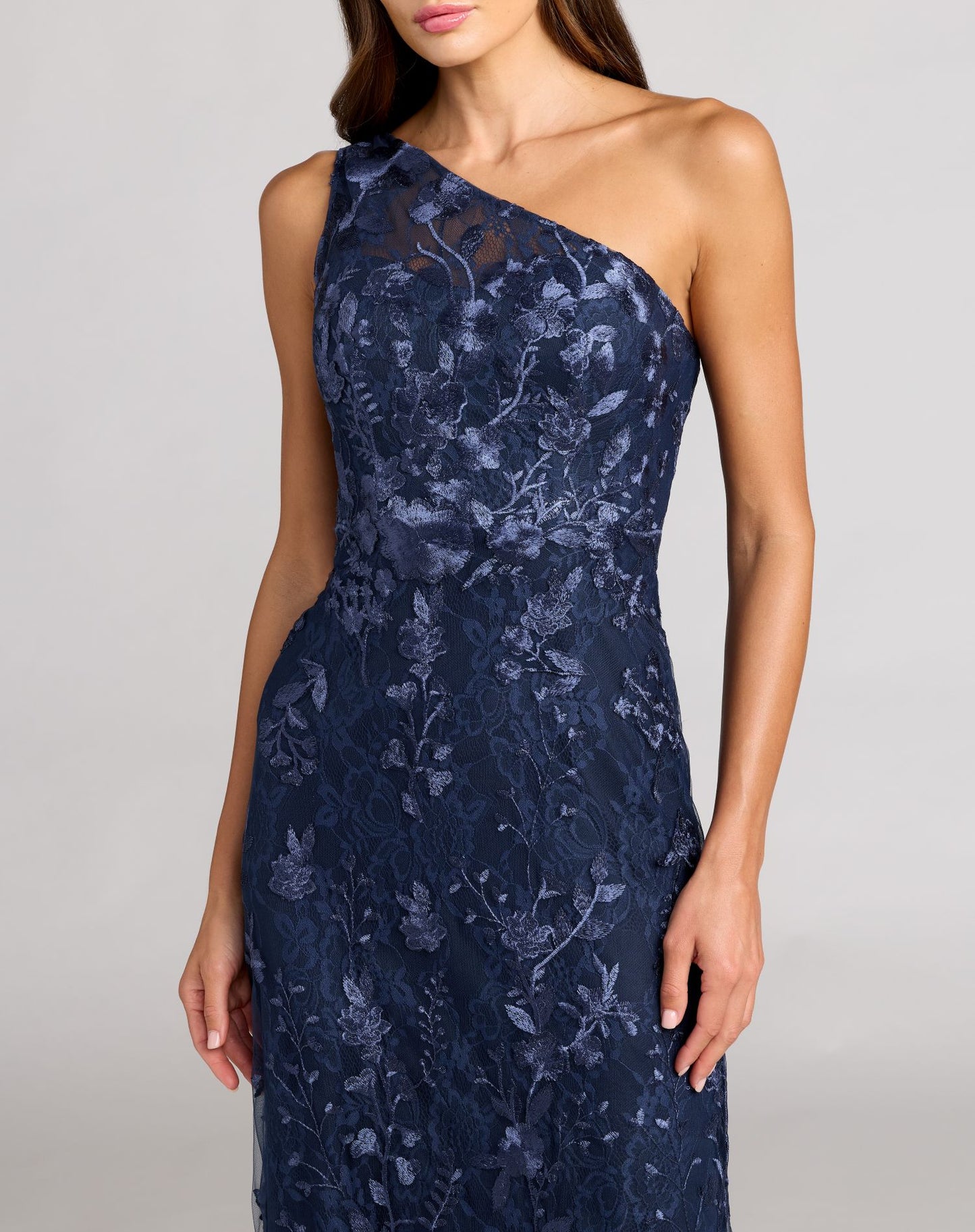 Petite Navy One Shoulder Floral Embroidered Gown - Mac Duggal