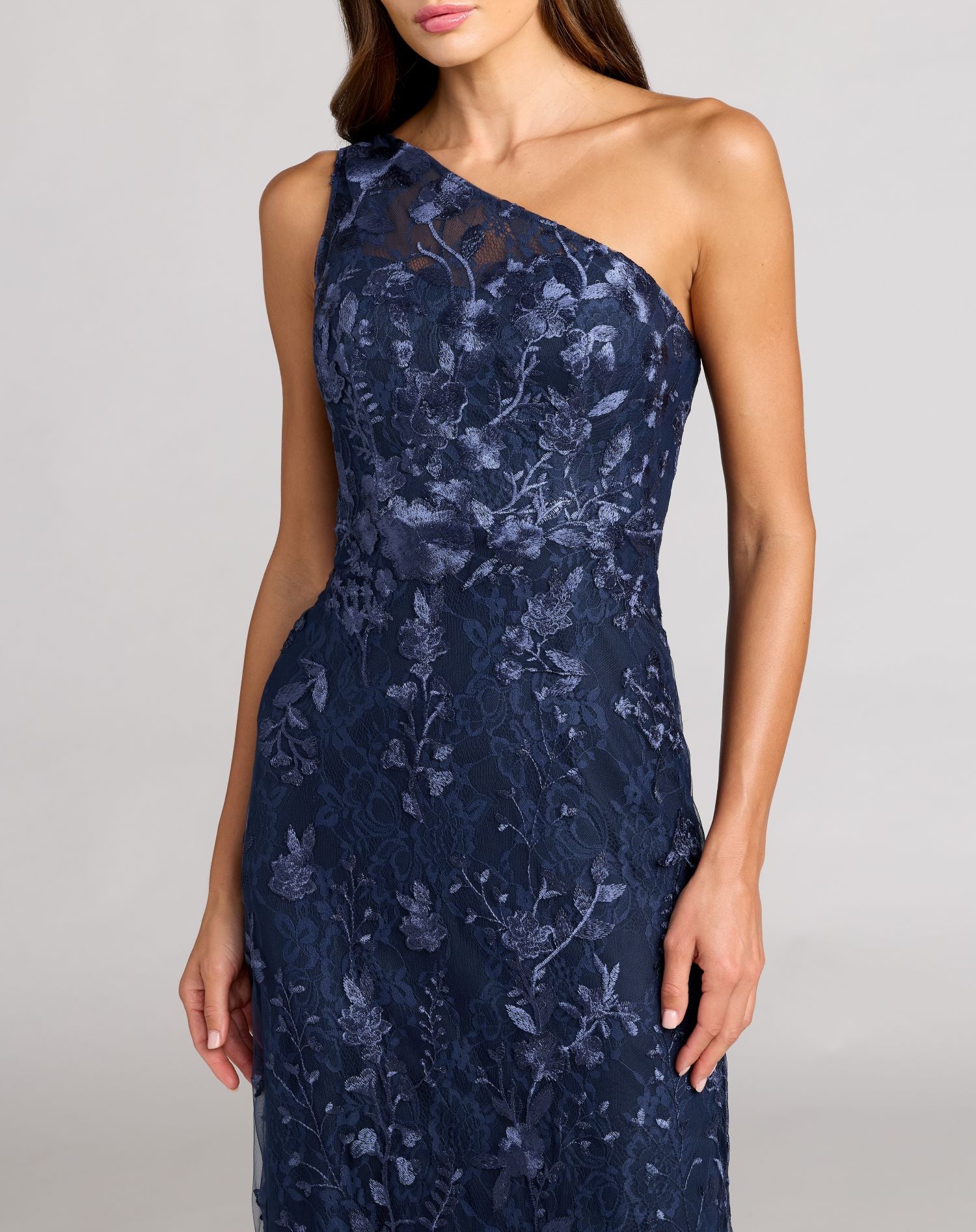 Petite Navy One Shoulder Floral Embroidered Gown - Mac Duggal