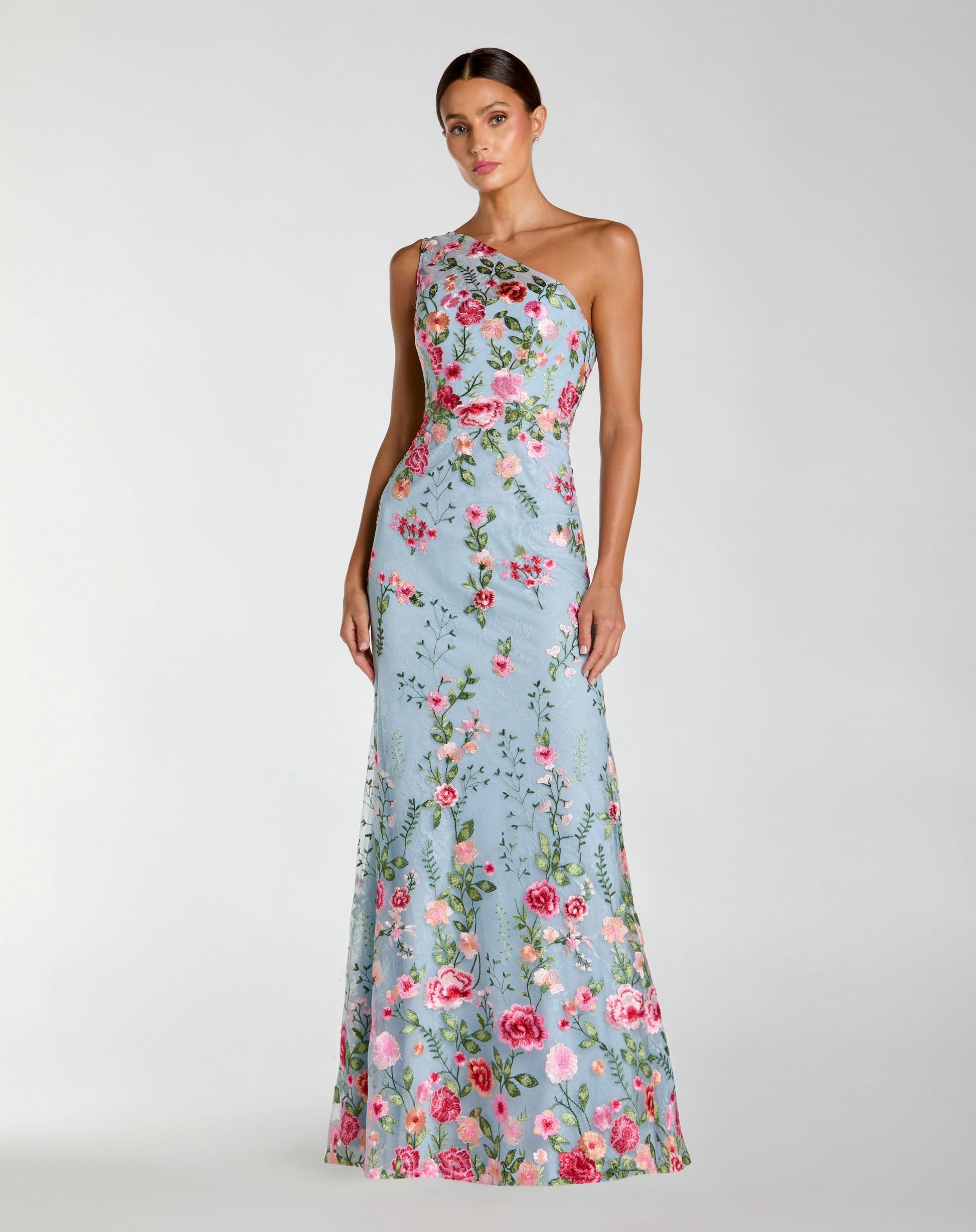 Petite Blue One Shoulder Floral Embroidered Gown