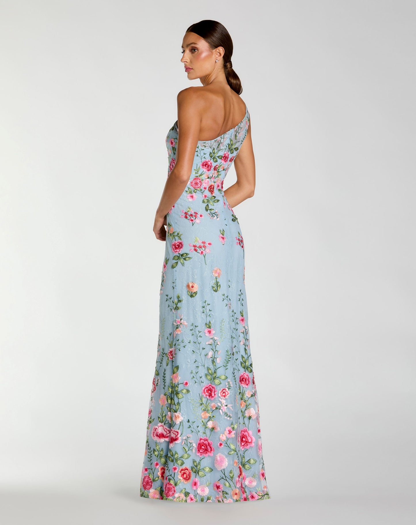 Petite Blue One Shoulder Floral Embroidered Gown - Mac Duggal
