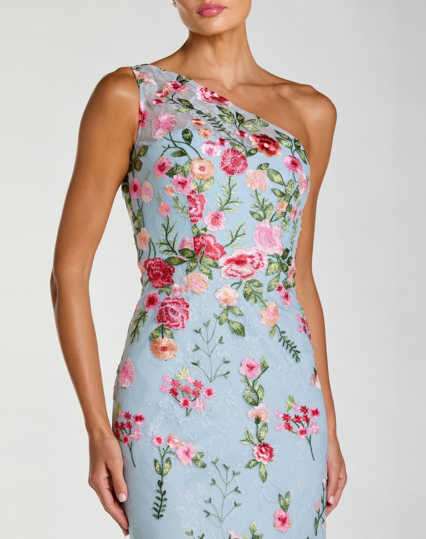 Petite Blue One Shoulder Floral Embroidered Gown - Mac Duggal