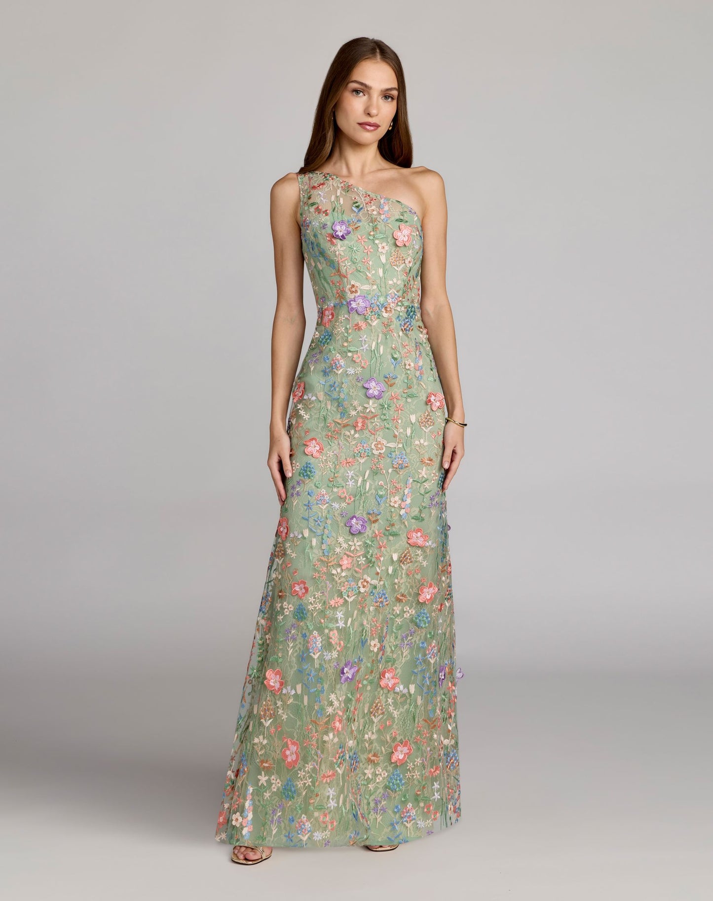 Petite Green One Shoulder Floral Embroidered Gown Mac Duggal