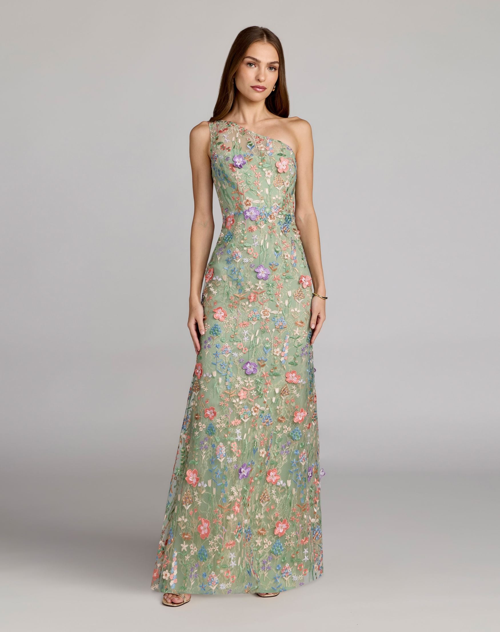 Petite Green One Shoulder Floral Embroidered Gown Mac Duggal