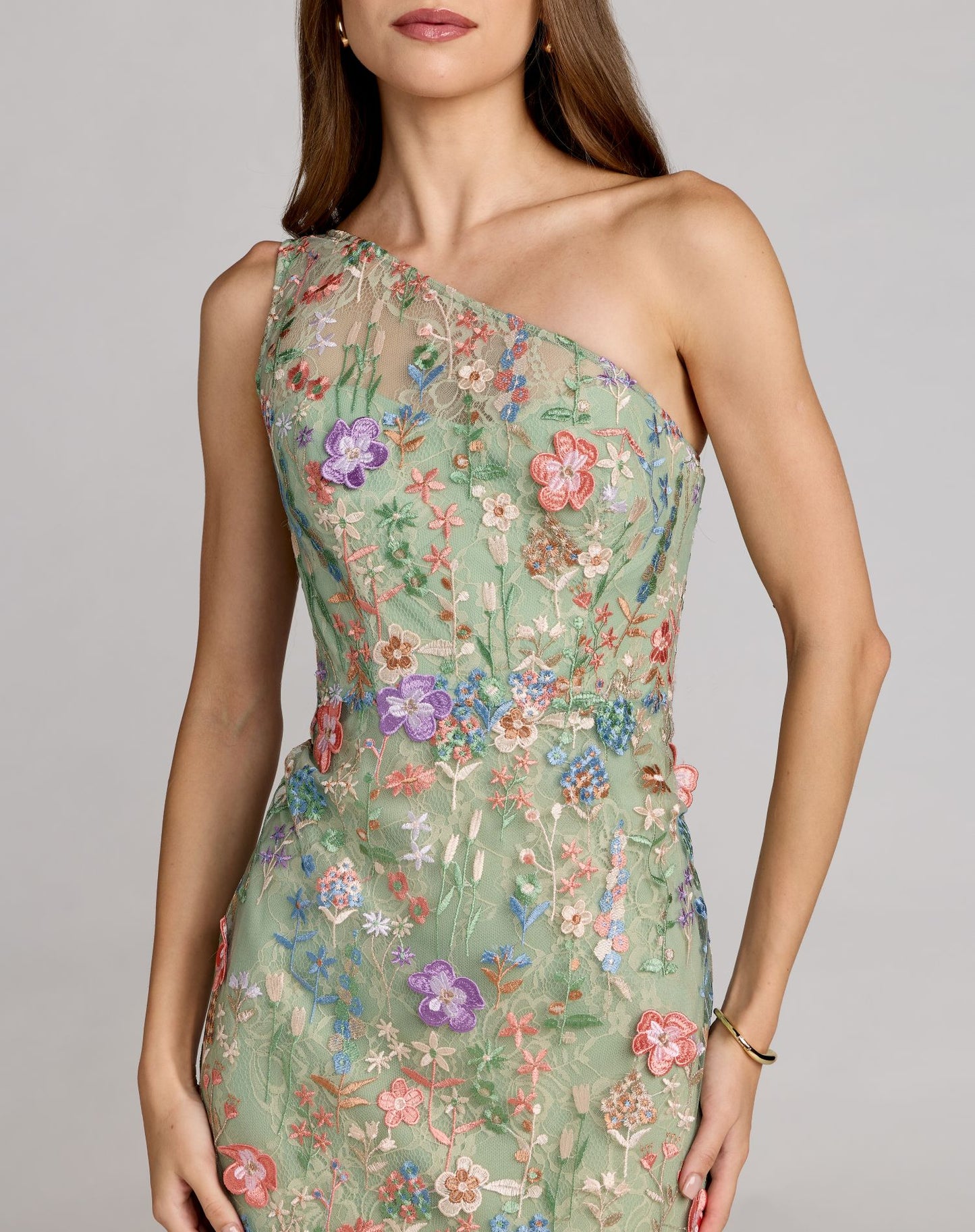 Petite Green One Shoulder Floral Embroidered Gown Mac Duggal