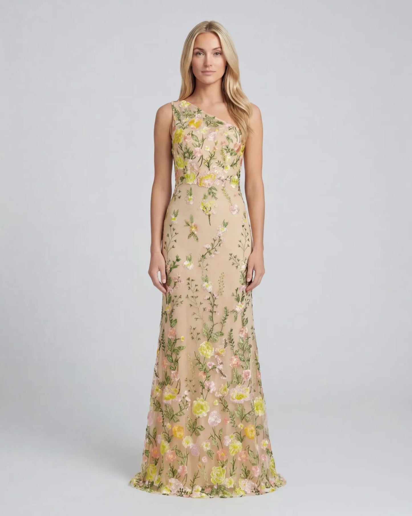 Petite Beige One Shoulder Lace Embroidered Gown