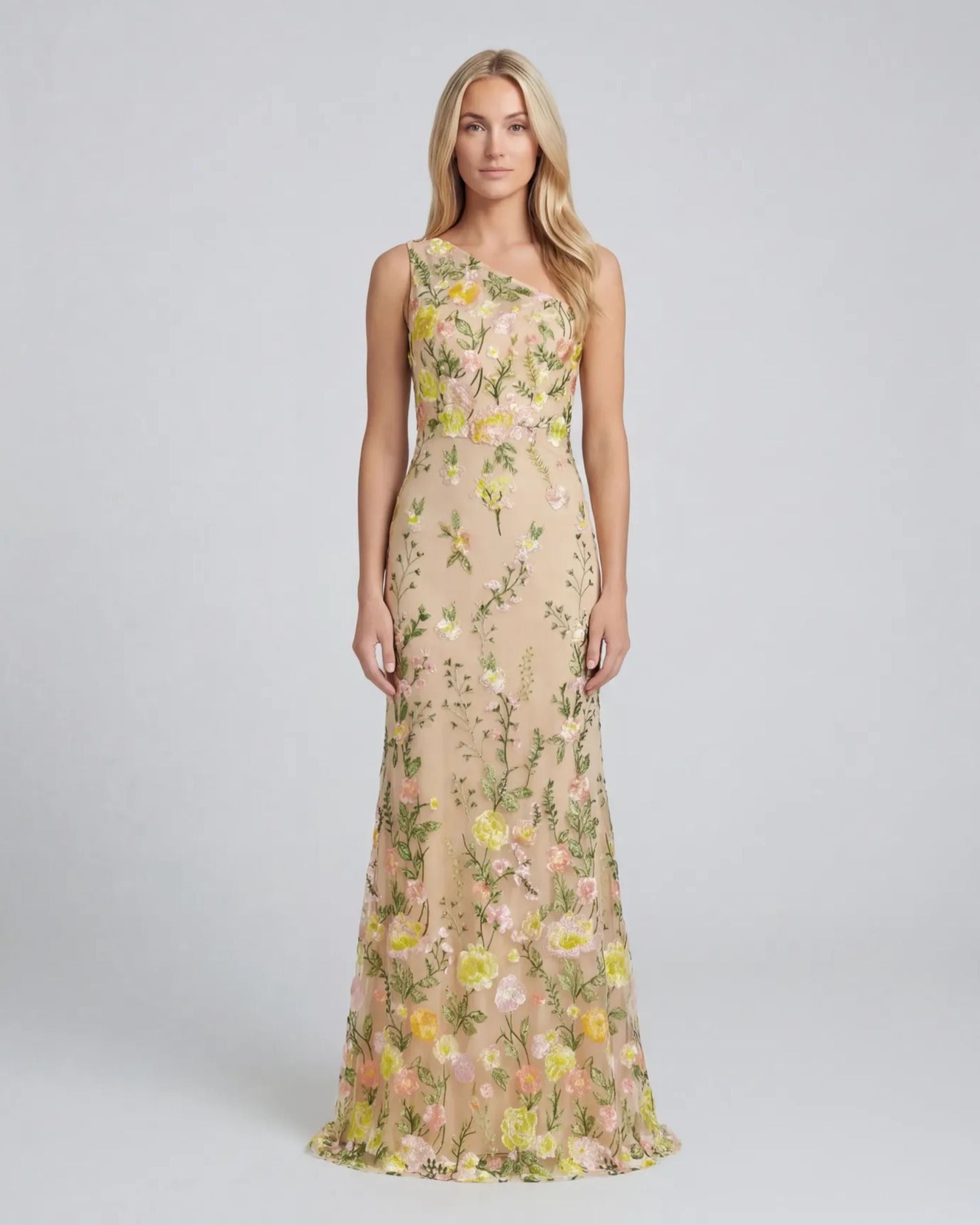 Petite Beige One Shoulder Lace Embroidered Gown