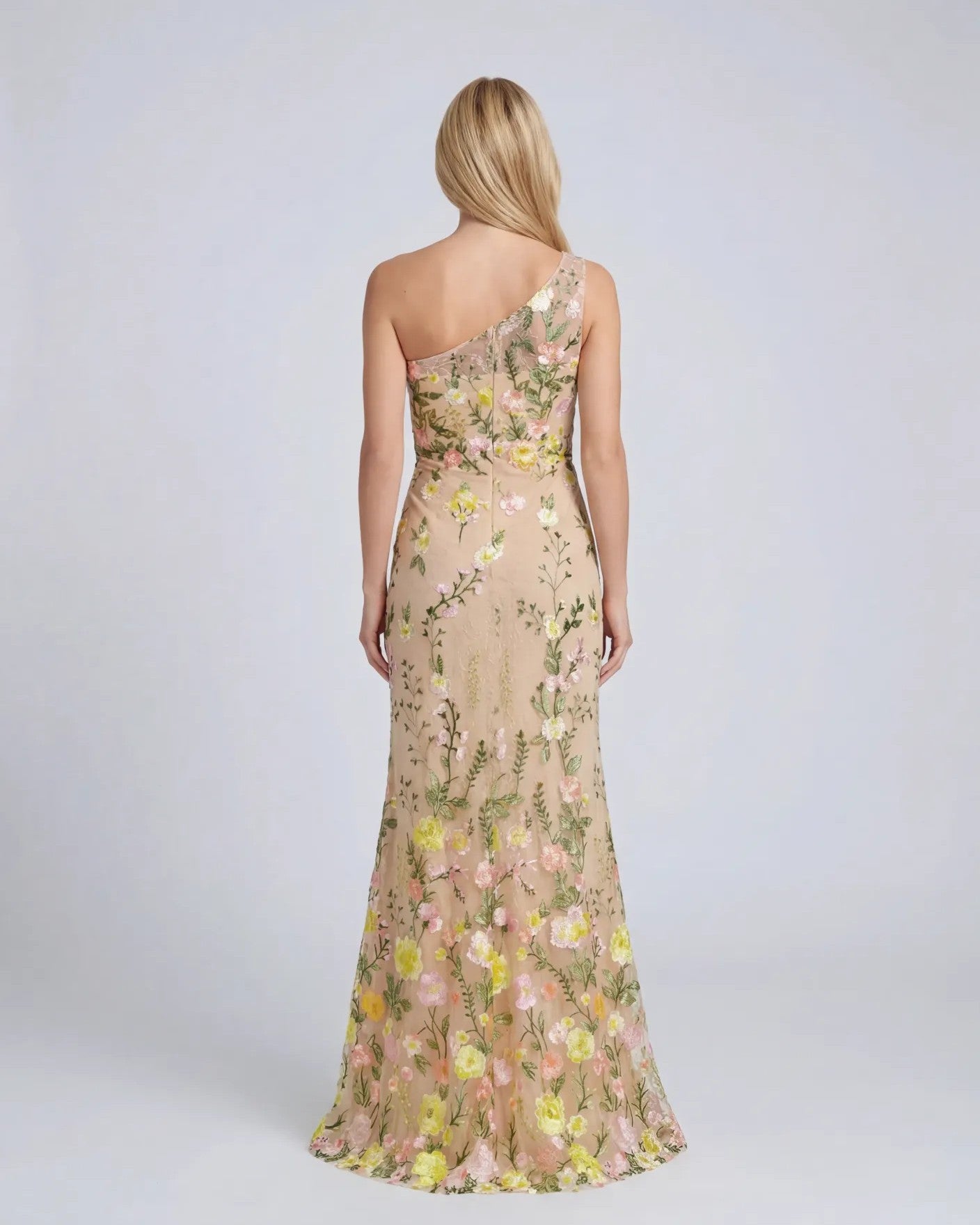 Petite Beige One Shoulder Lace Embroidered Gown