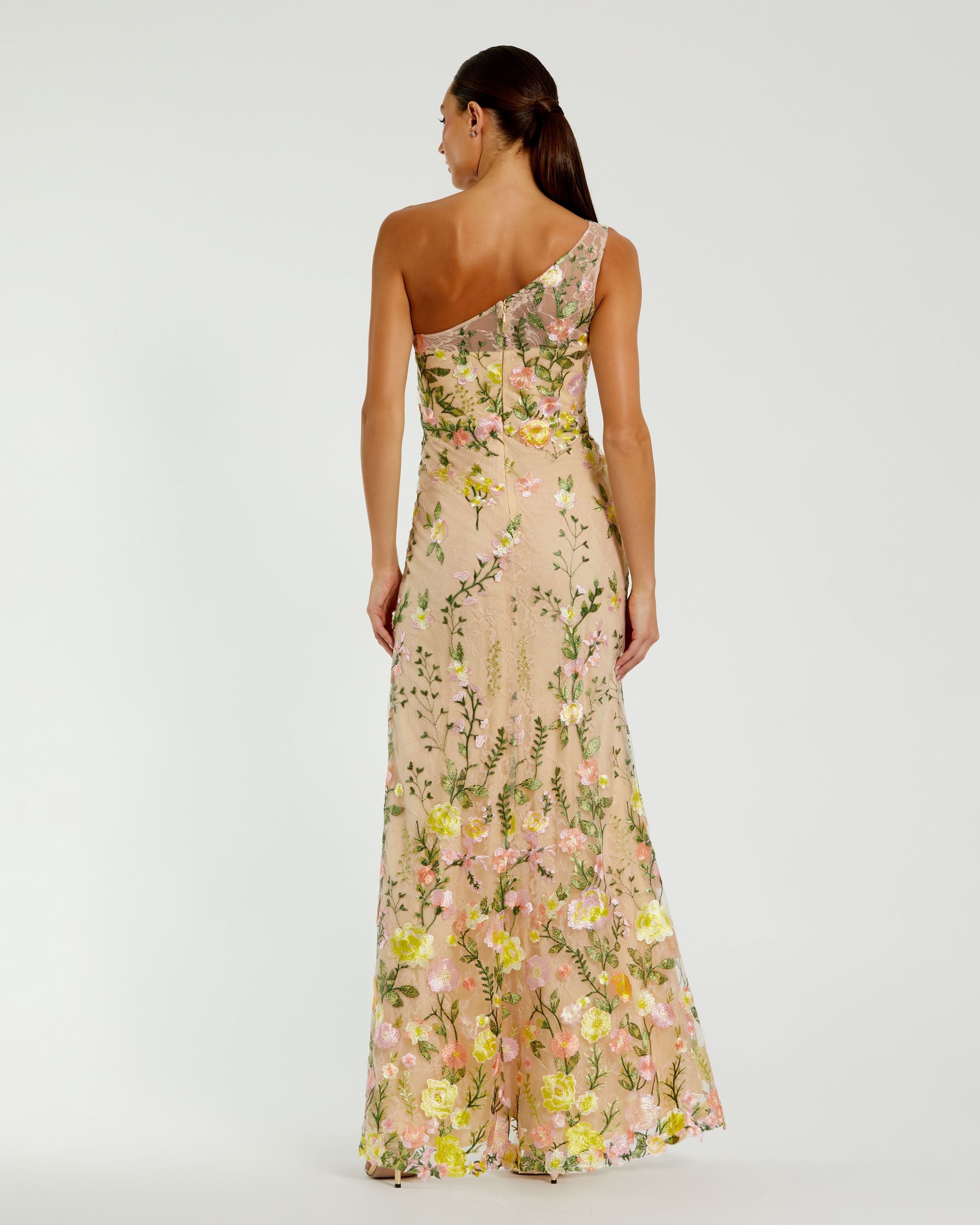 Petite Beige One Shoulder Lace Embroidered Gown Mac Duggal