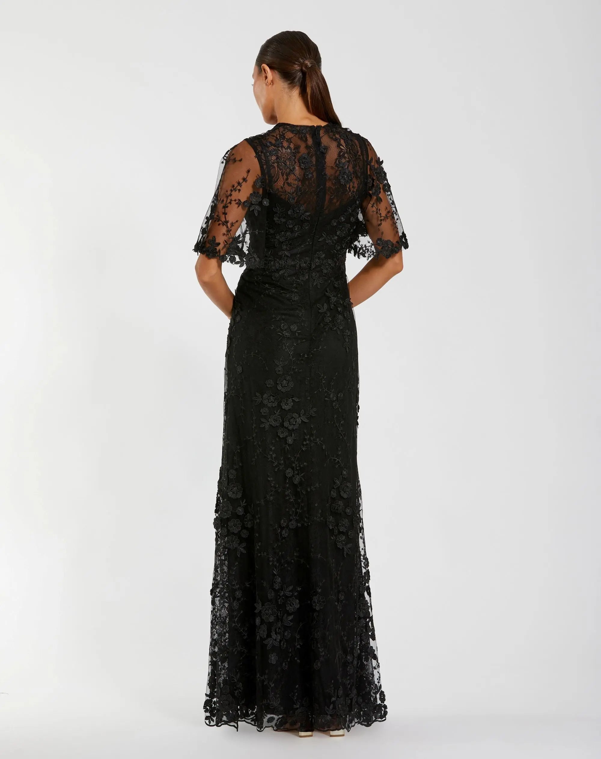 Petite Black Flutter Sleeve Floral Embroidered Net Gown - Mac Duggal