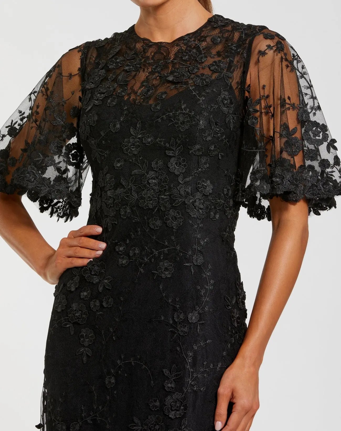 Petite Black Flutter Sleeve Floral Embroidered Net Gown - Mac Duggal