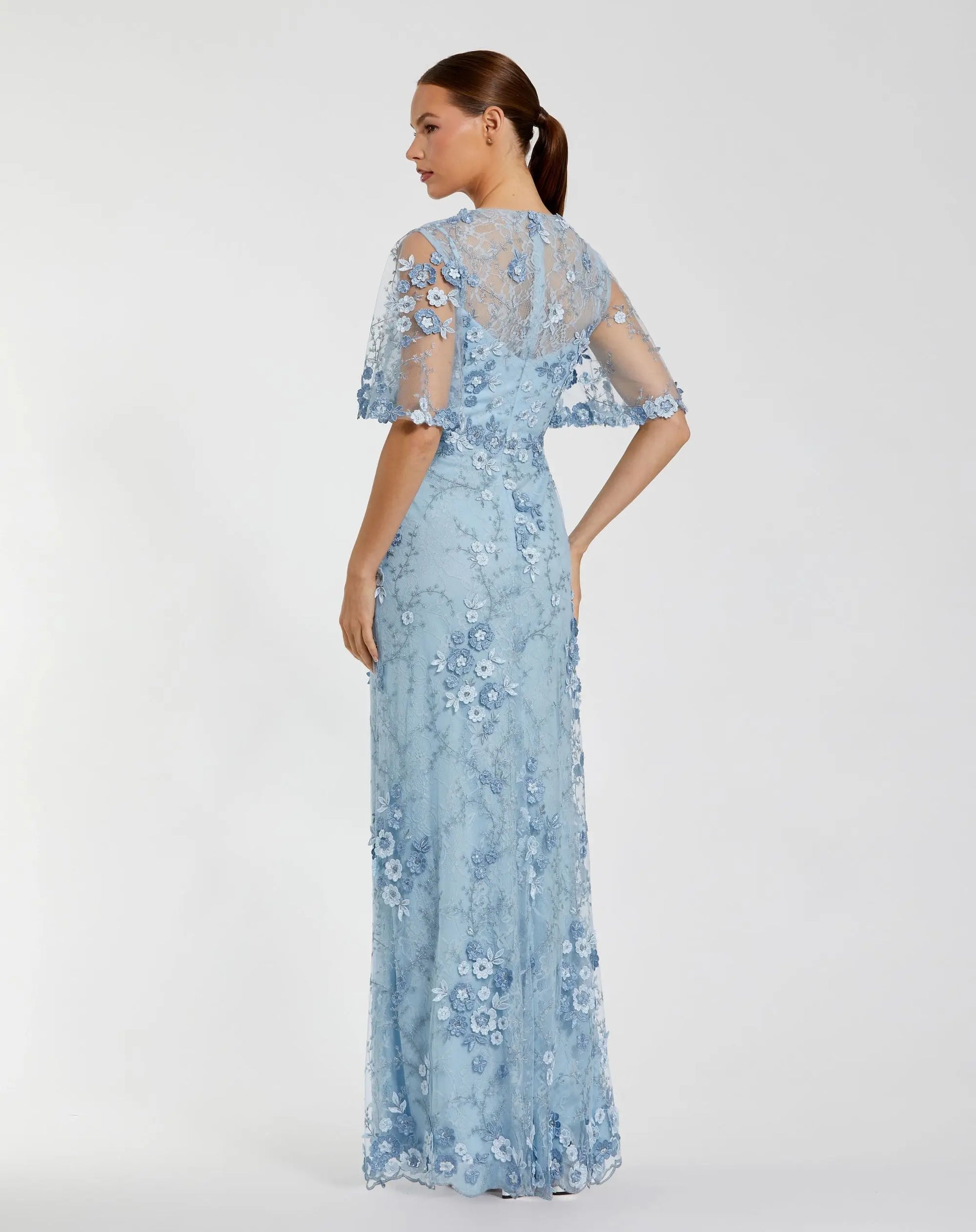 Petite Blue Flutter Sleeve Floral Embroidered Net Gown | Mac Duggal Petite Blue Flutter Sleeve Floral Embroidered Net Gown | Mac Duggal