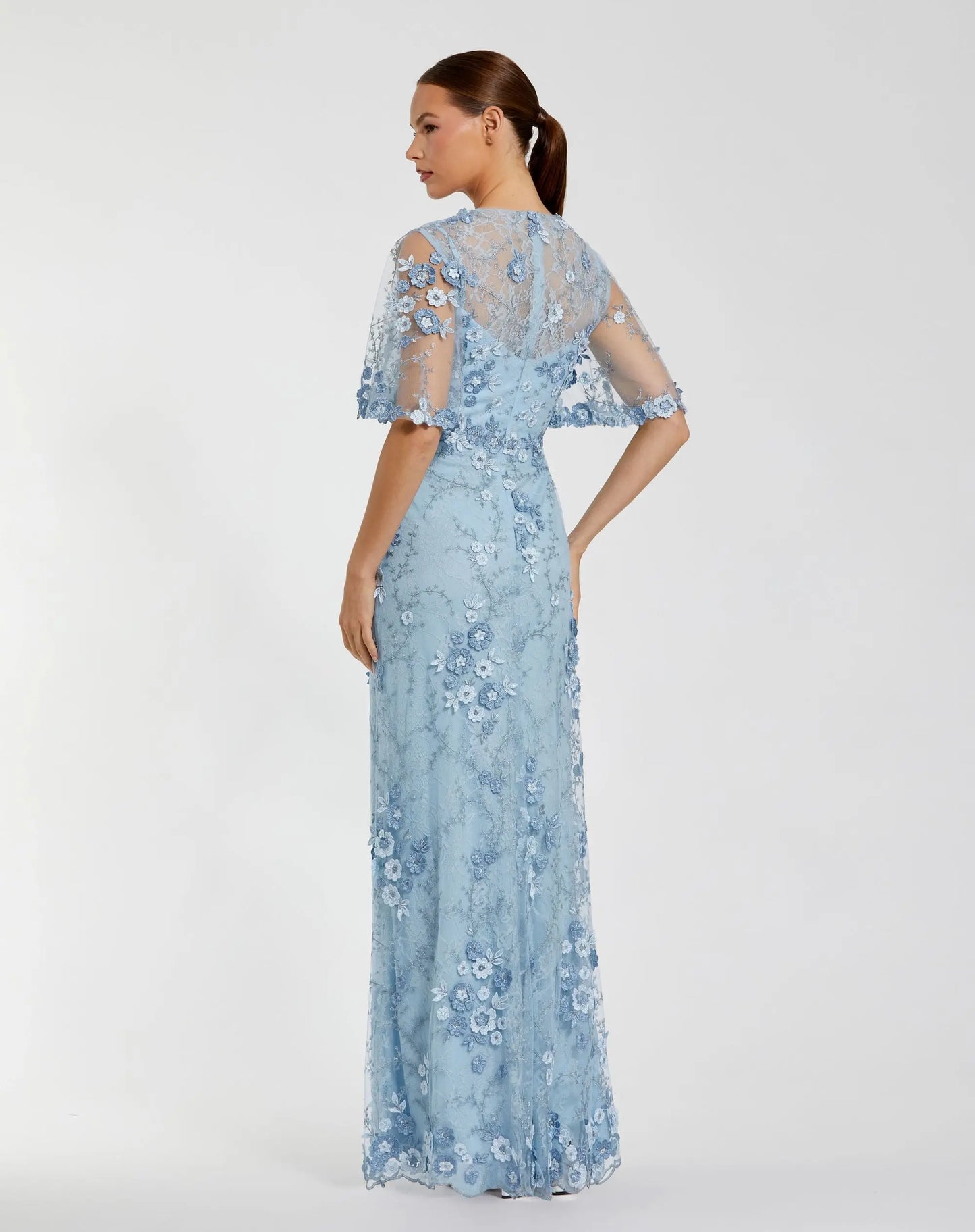 Petite Blue Flutter Sleeve Floral Embroidered Net Gown - Mac Duggal