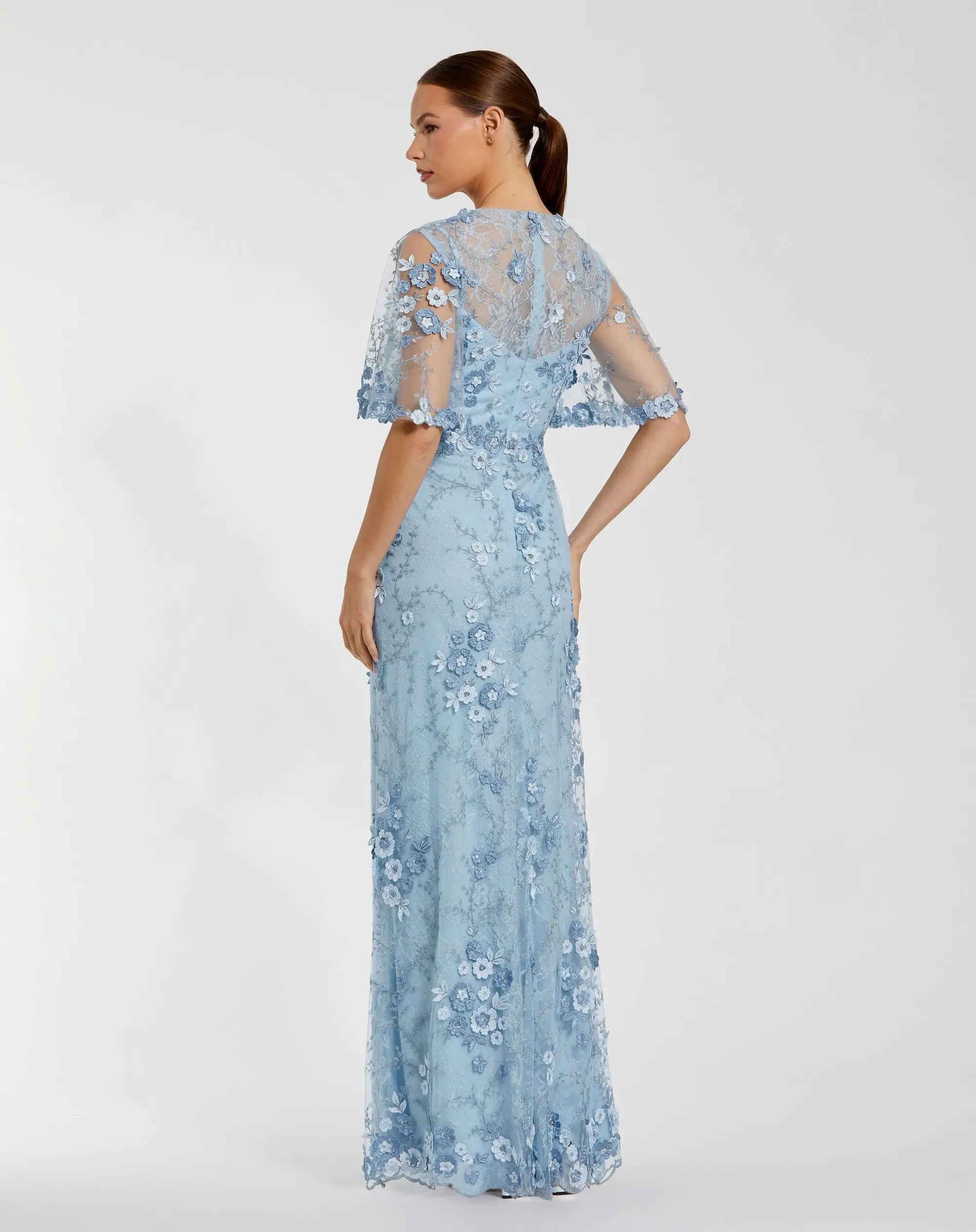 Petite Blue Flutter Sleeve Floral Embroidered Net Gown - Mac Duggal