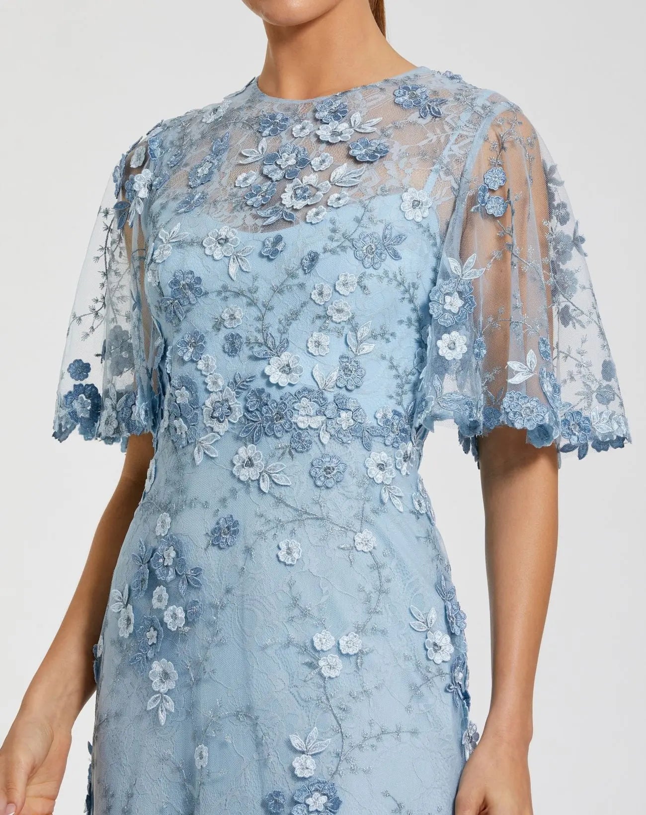 Petite Blue Flutter Sleeve Floral Embroidered Net Gown - Mac Duggal