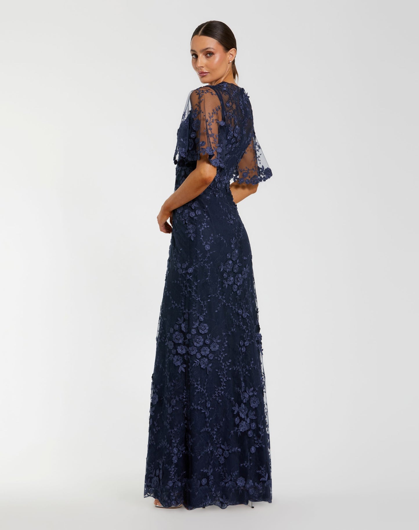 Petite Navy Flutter Sleeve Floral Embroidered Net Gown - Mac Duggal