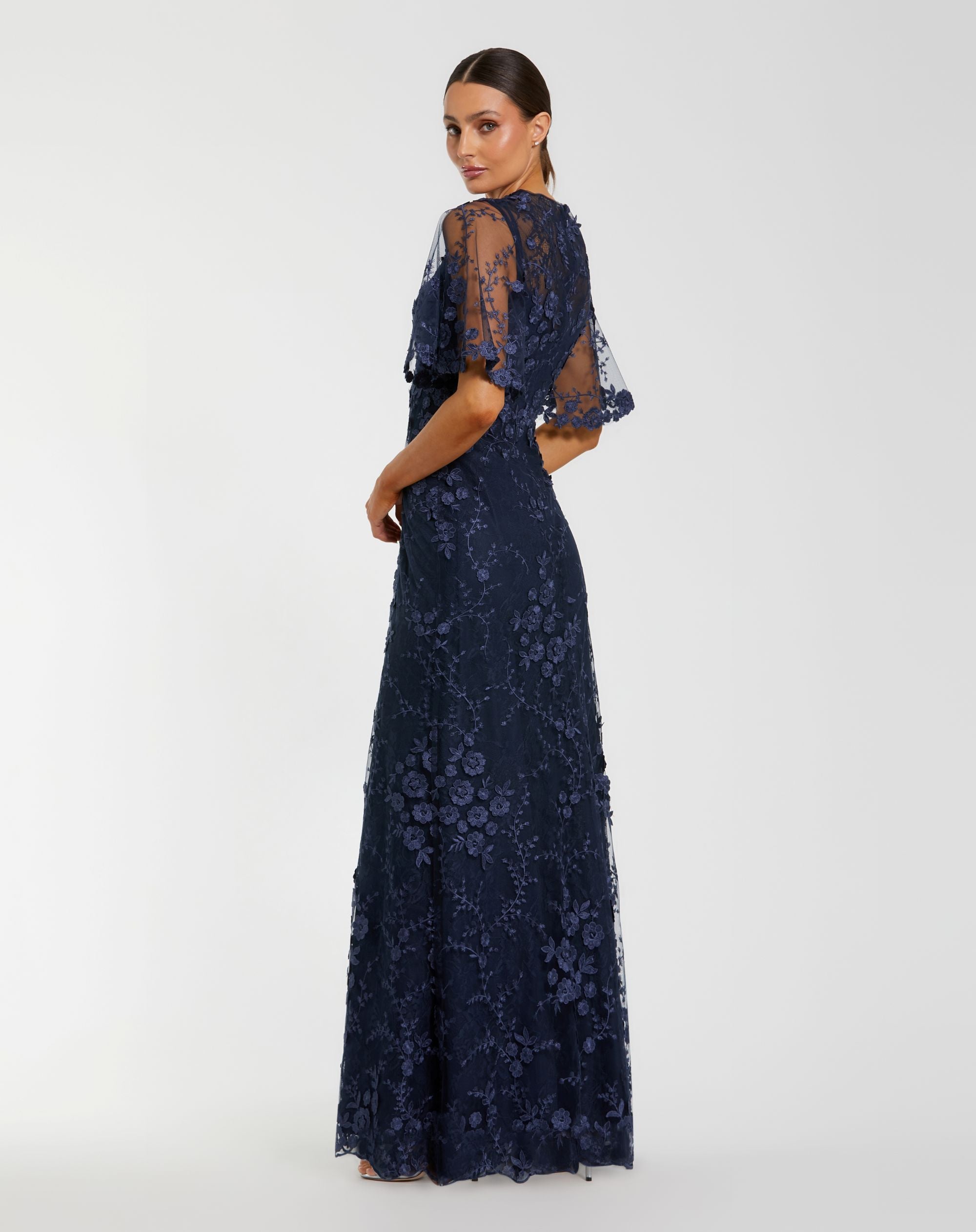 Petite Navy Flutter Sleeve Floral Embroidered Net Gown - Mac Duggal