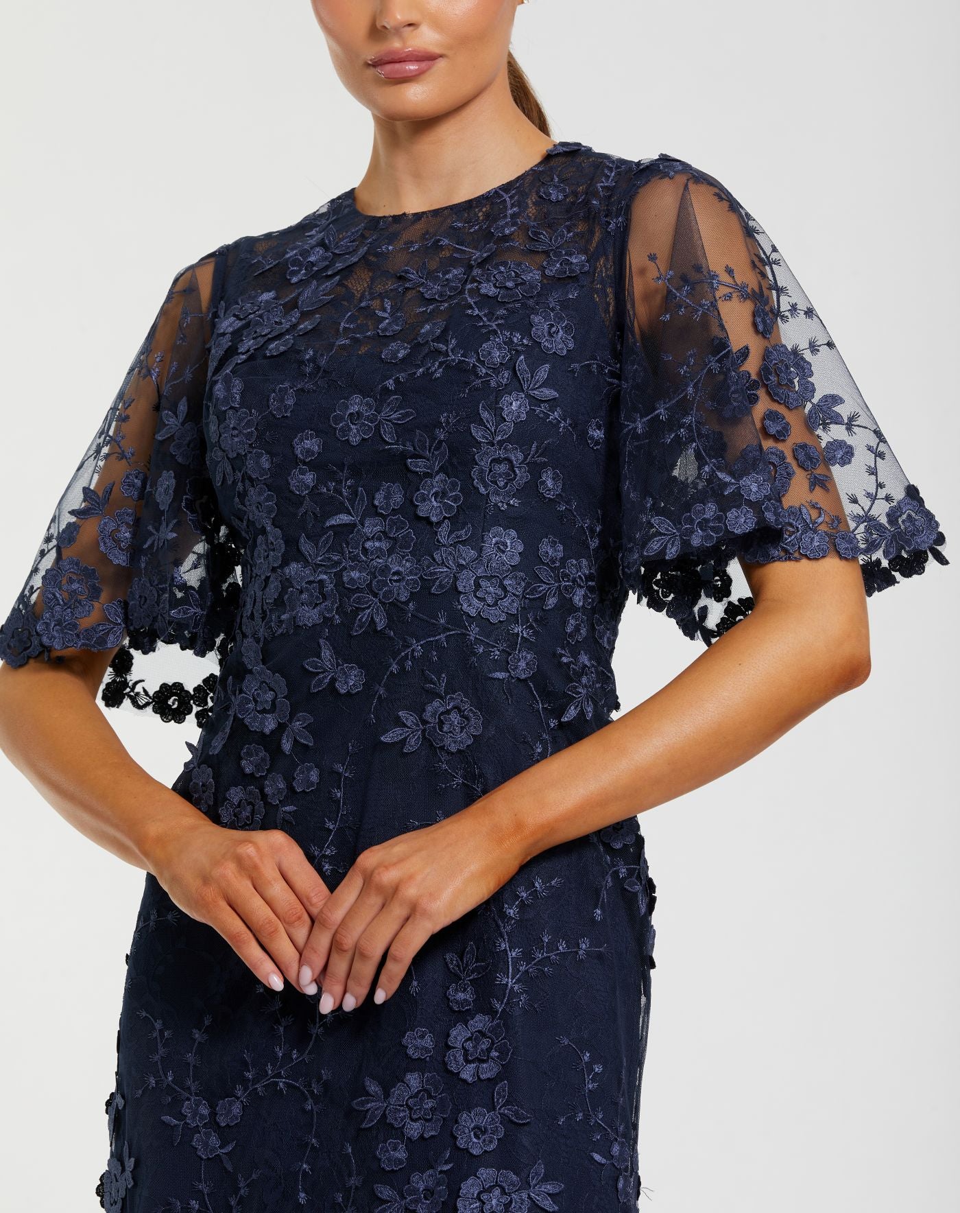 Petite Navy Flutter Sleeve Floral Embroidered Net Gown - Mac Duggal