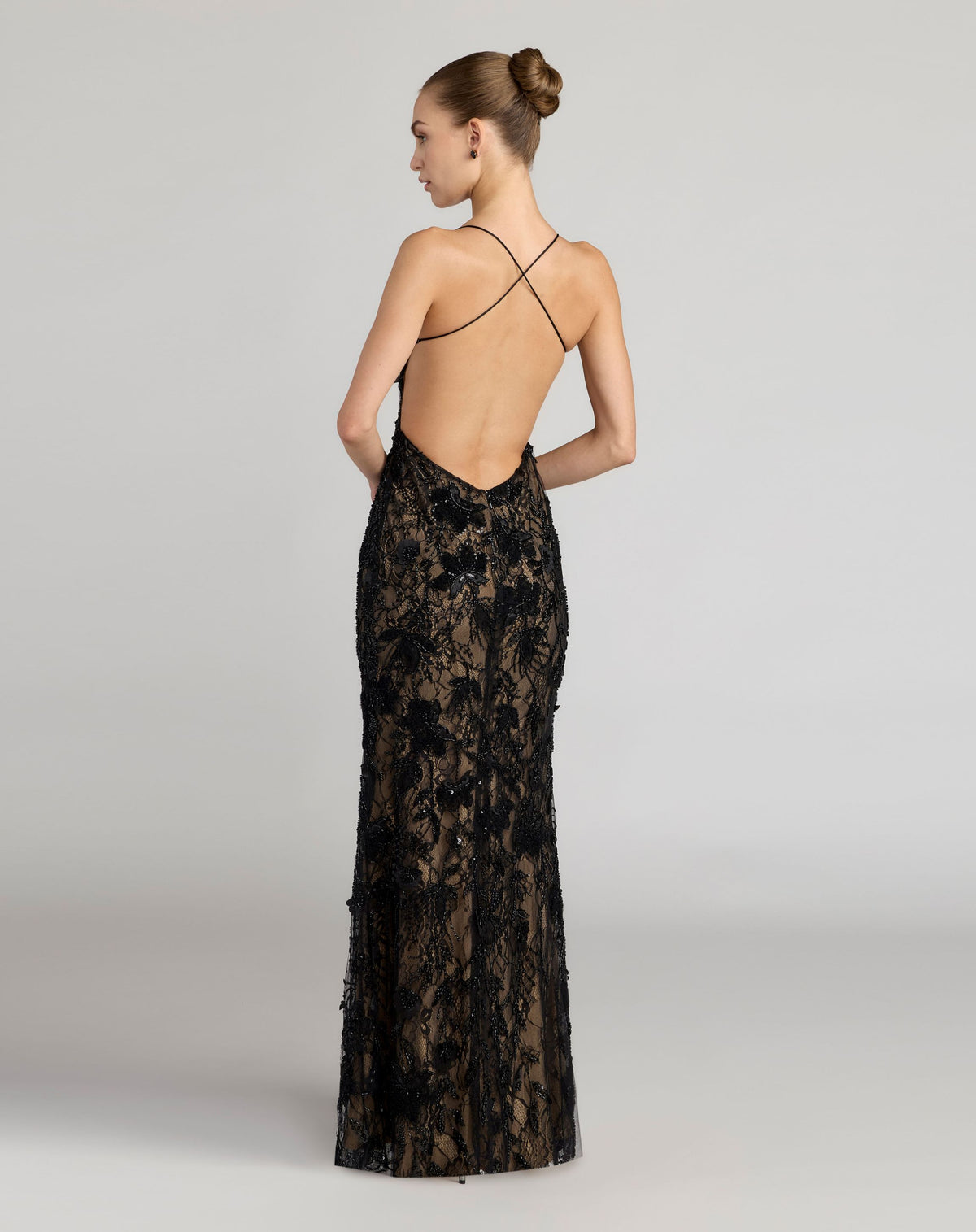 Petite Black Sleeveless Embellished Open Back Column Gown - Mac Duggal