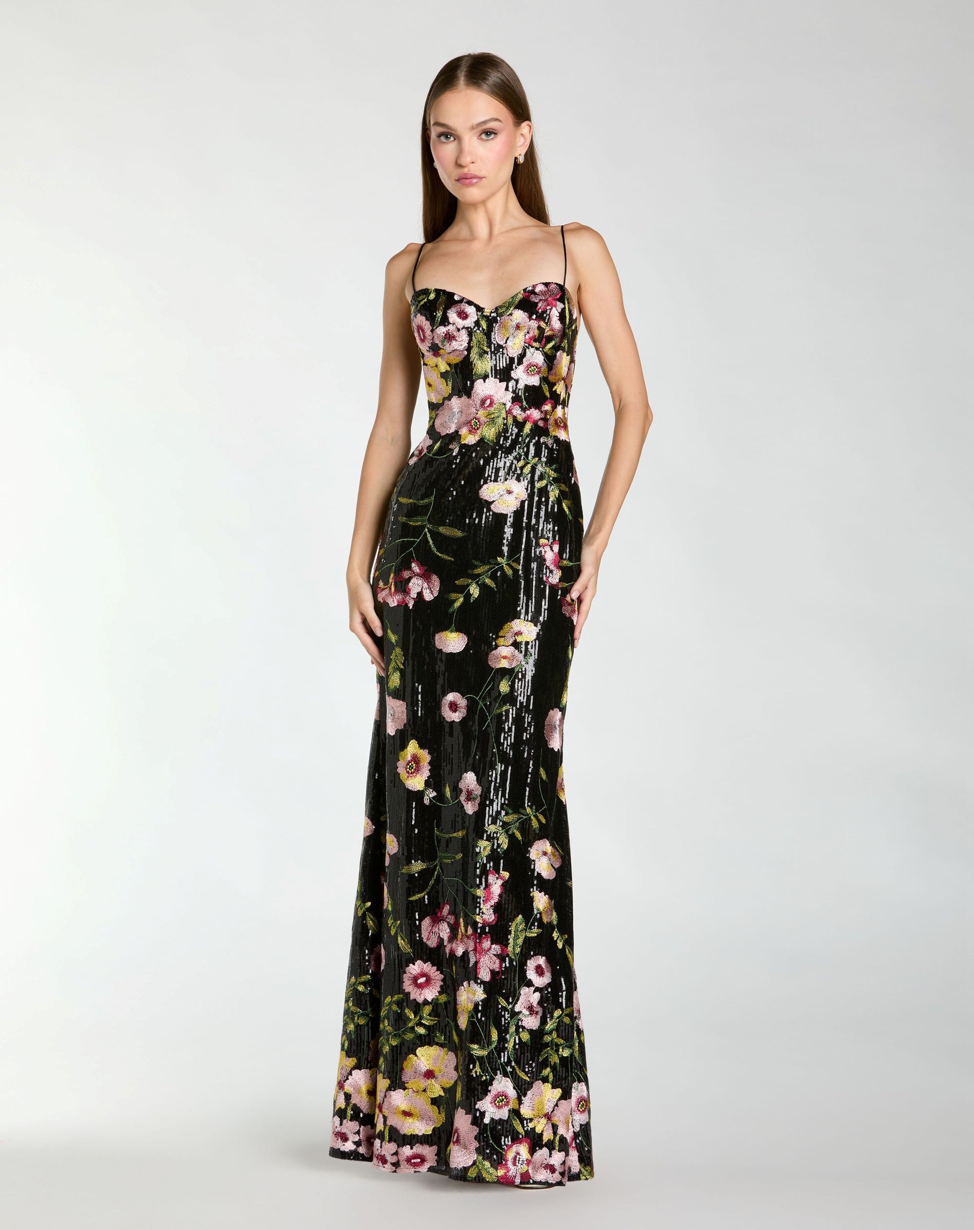 Petite Black Sleeveless Bustier Floral Applique Gown - Mac Duggal