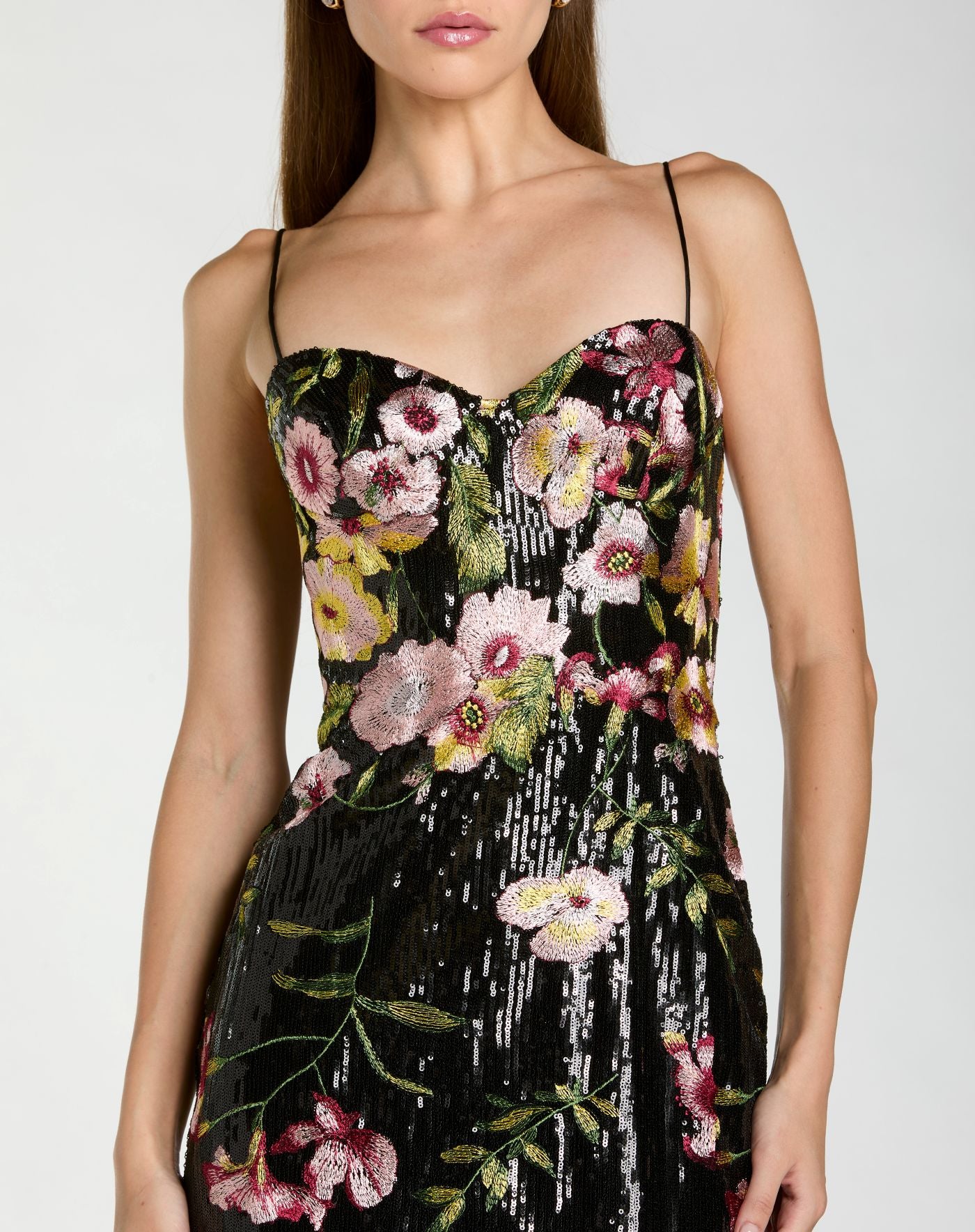Petite Black Sleeveless Bustier Floral Applique Gown - Mac Duggal