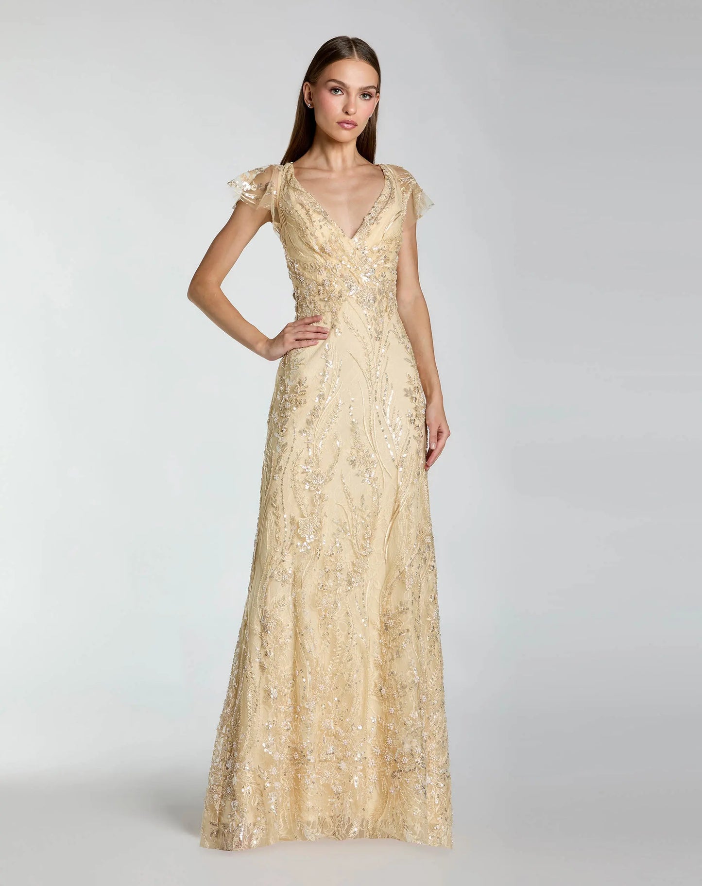Mac Duggal Petite V Neck Flutter Sleeve Floral Embroidered Gown