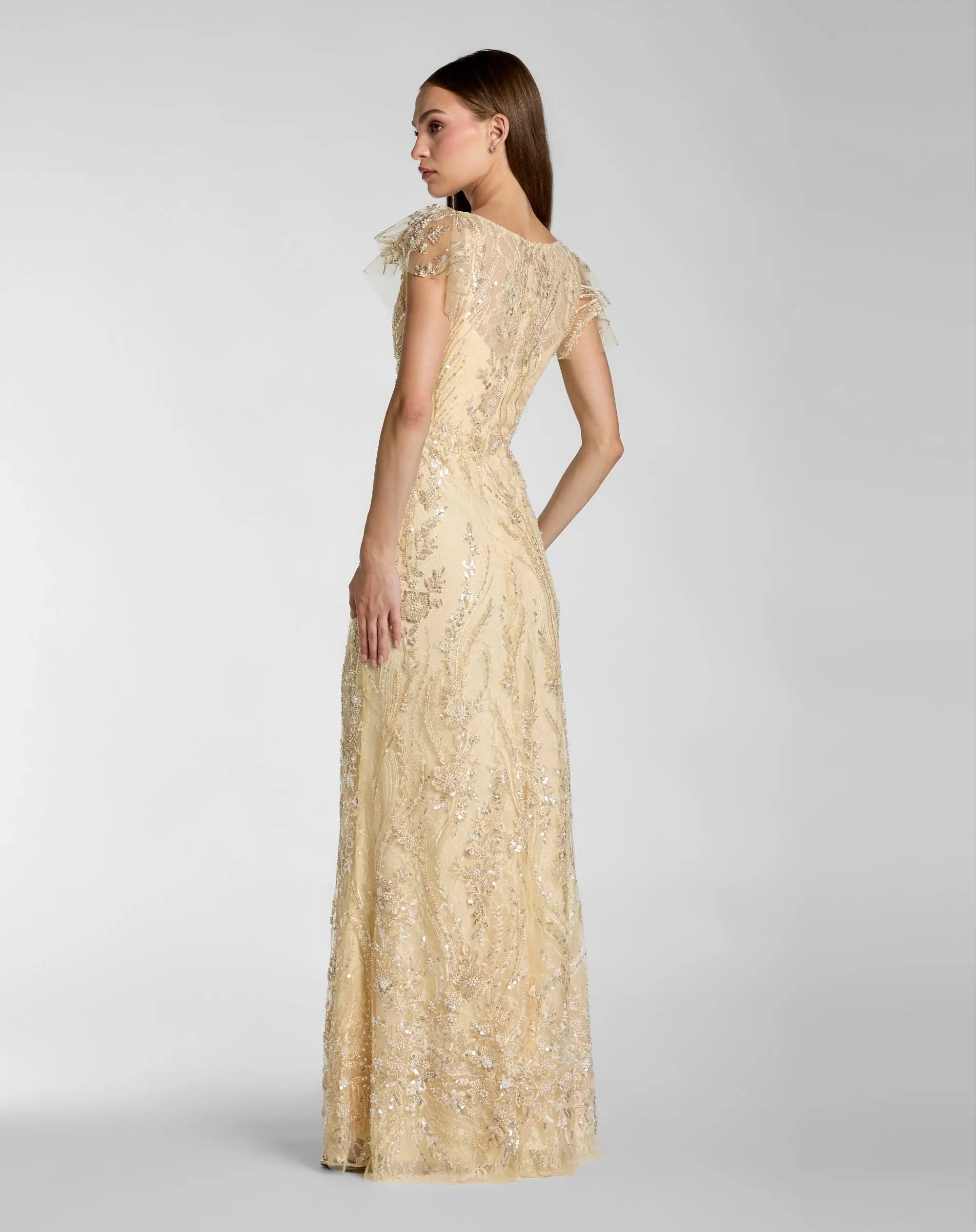 Petite Gold V-Neck Flutter Sleeve Floral Embroidered Gown - Mac Duggal
