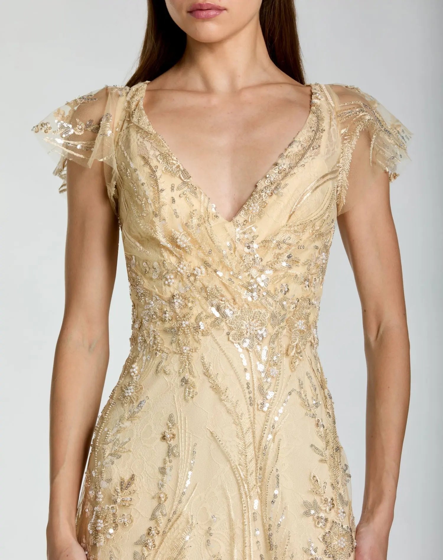 Petite Gold V-Neck Flutter Sleeve Floral Embroidered Gown - Mac Duggal
