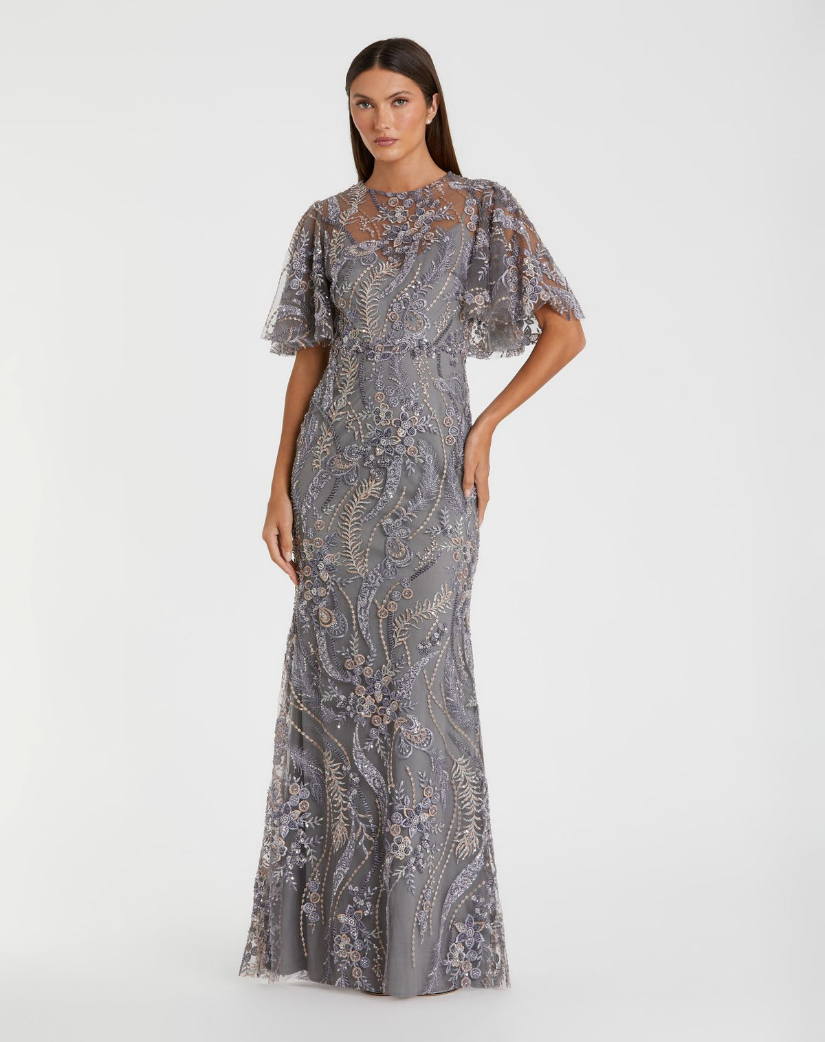 Petite Charcoal High Neck Flutter Sleeve Embroidered Gown - Mac Duggal