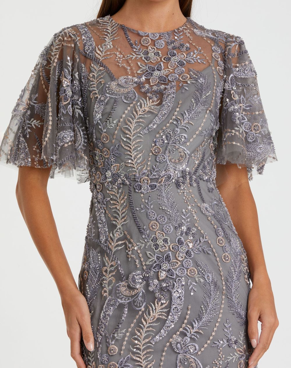 Petite Charcoal High Neck Flutter Sleeve Embroidered Gown - Mac Duggal