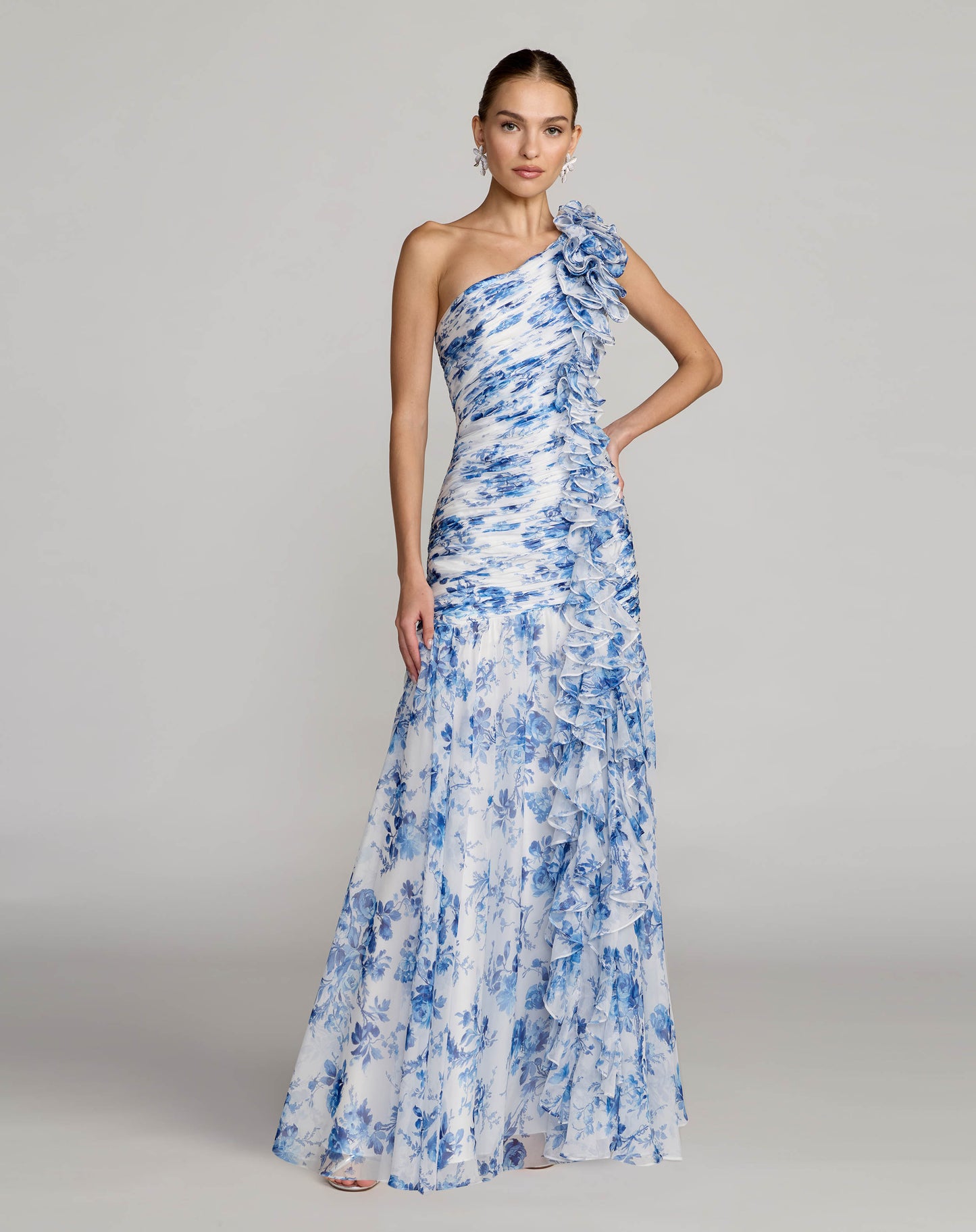 Petite Blue Ruched Floral Chiffon Gown With 3D Ruffles Ieena for Mac Duggal