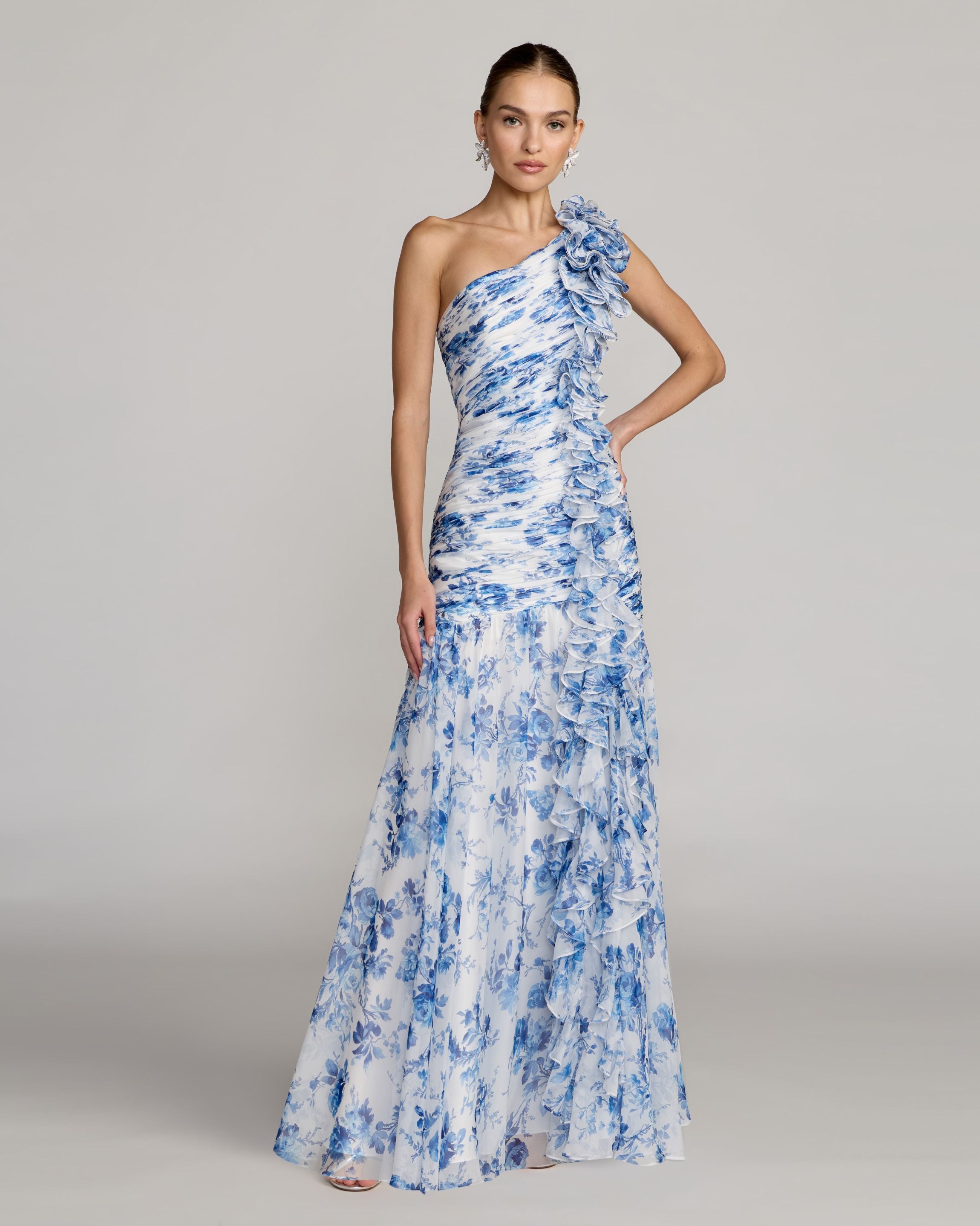 Petite Blue Ruched Floral Chiffon Gown With 3D Ruffles Ieena for Mac Duggal
