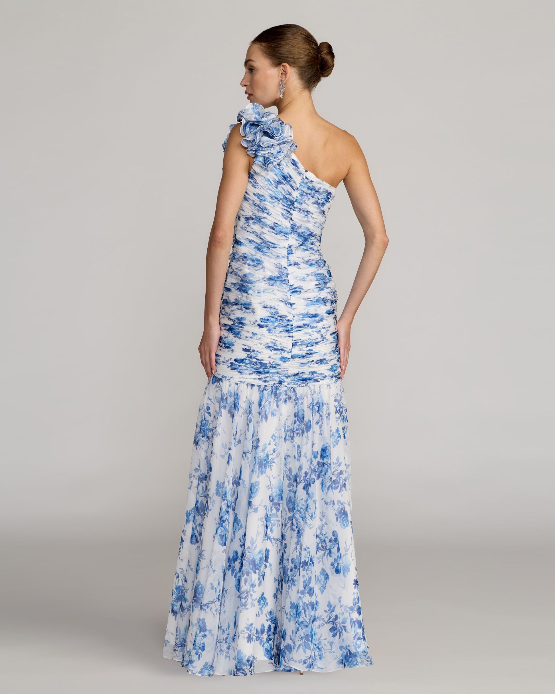 Petite Blue Ruched Floral Chiffon Gown With 3D Ruffles Ieena for Mac Duggal